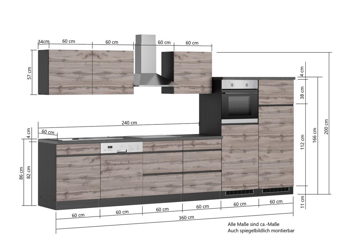 Küchenzeile Turin mit Geräten B: 360 cm Graphit/Eichen Dekor - Eiche Wotan/Graphitfarben, Design, Holzwerkstoff (360cm) - Held