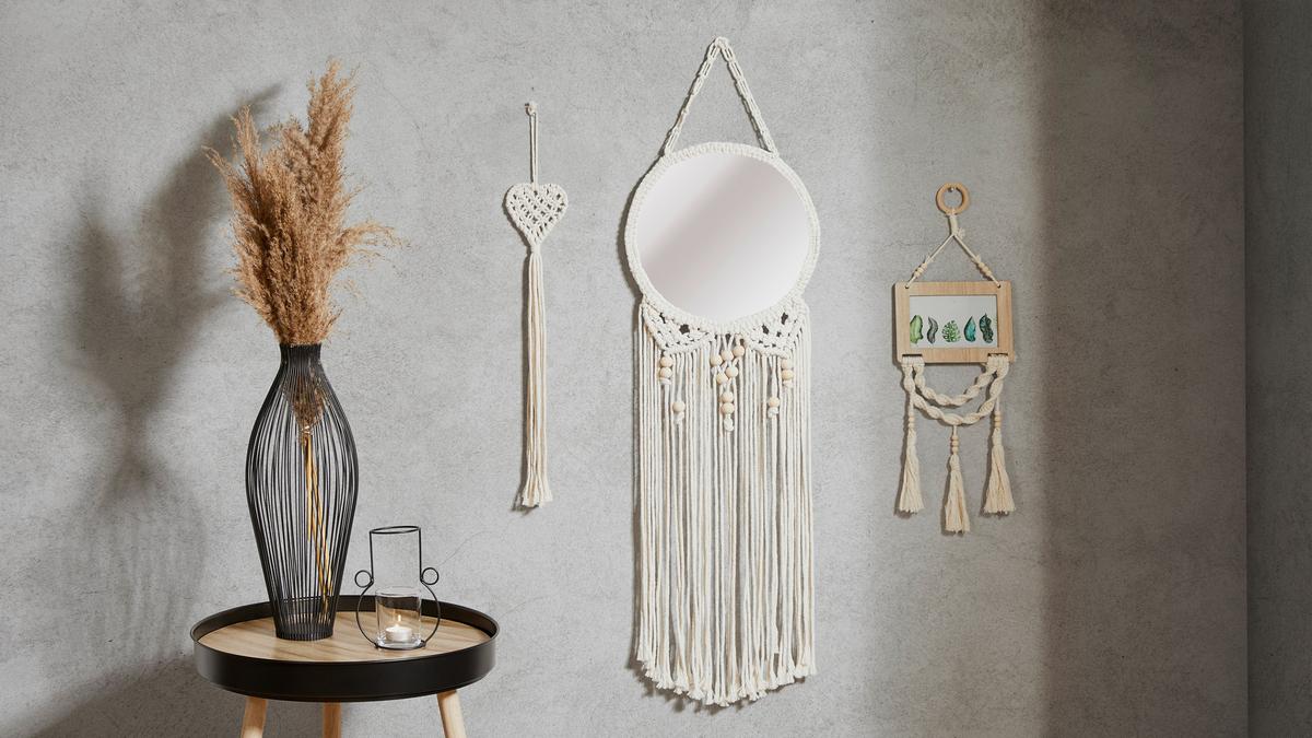 Wandspiegel mit Makrame Deko Rund 30 cm - Sandfarben, Design, Naturmaterialien/Glas (30/1/90cm)