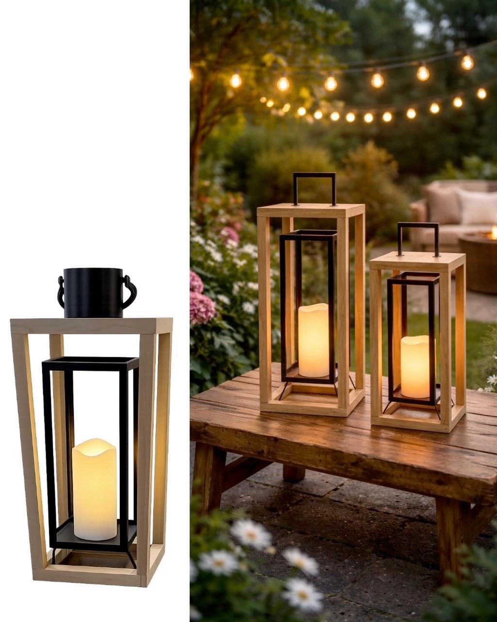 Laterne inkl. LED Kerze Natur/Schwarz H: 48,5 cm - Schwarz, MODERN, Holz (20/48,5/20cm)