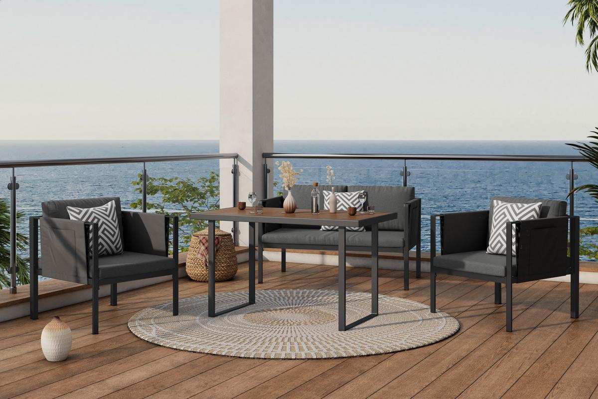 Loungegarnitur 4-tlg Padua Metall/kunststoff Mit Kissen - Dunkelgrau/Schwarz, MODERN, Holz/Kunststoff - Beldano