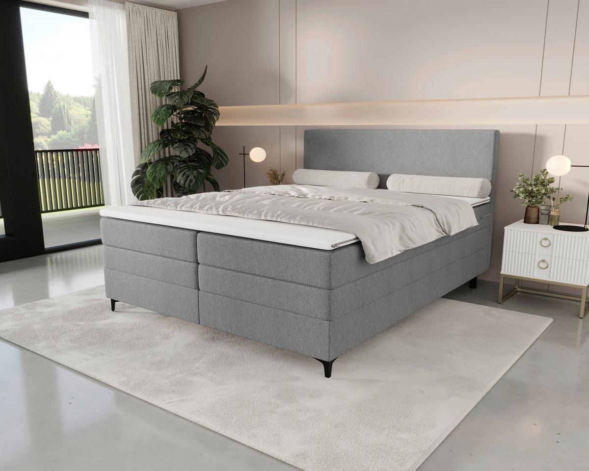Boxspringbett mit Topper Taro grau, 160x200cm - Hellgrau/Schwarz, KONVENTIONELL, Textil/Metall (160/200cm)