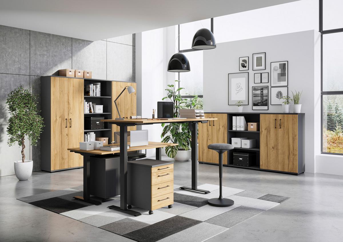 Schreibtisch Profi Schwarz/Eiche Dekor L: 160cm - Eichefarben/Schwarz, MODERN, Holzwerkstoff/Metall (160/80/71-119cm) - Germania