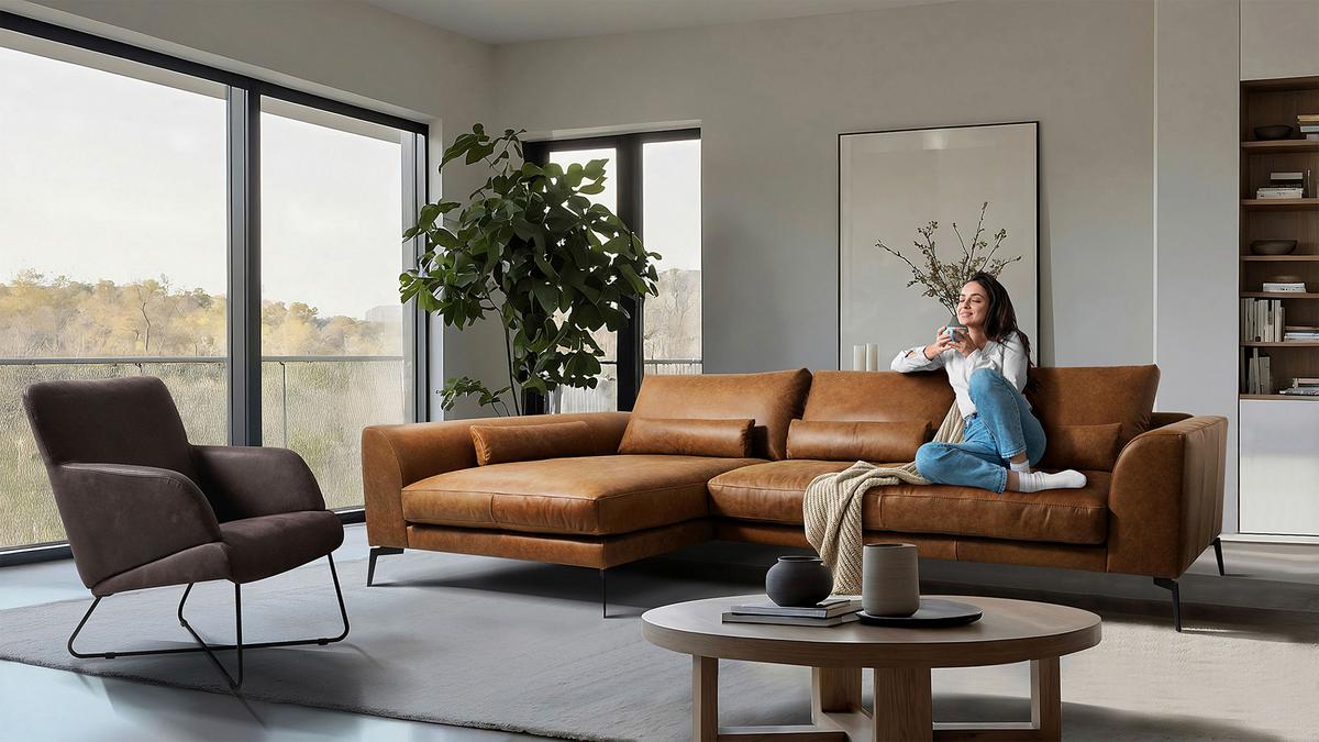 Ecksofa Berlin Cognac S: 172 cm - Cognac/Schwarz, Design, Leder (172/313cm) - Livetastic