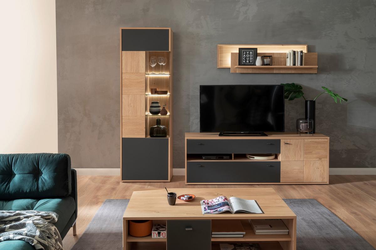 Wohnkombination Teilmassiv 3tlg. Valencia Anthrazit - Eiche Bianco/Anthrazit, Design, Glas/Holz (258/207/50cm) - MID.YOU