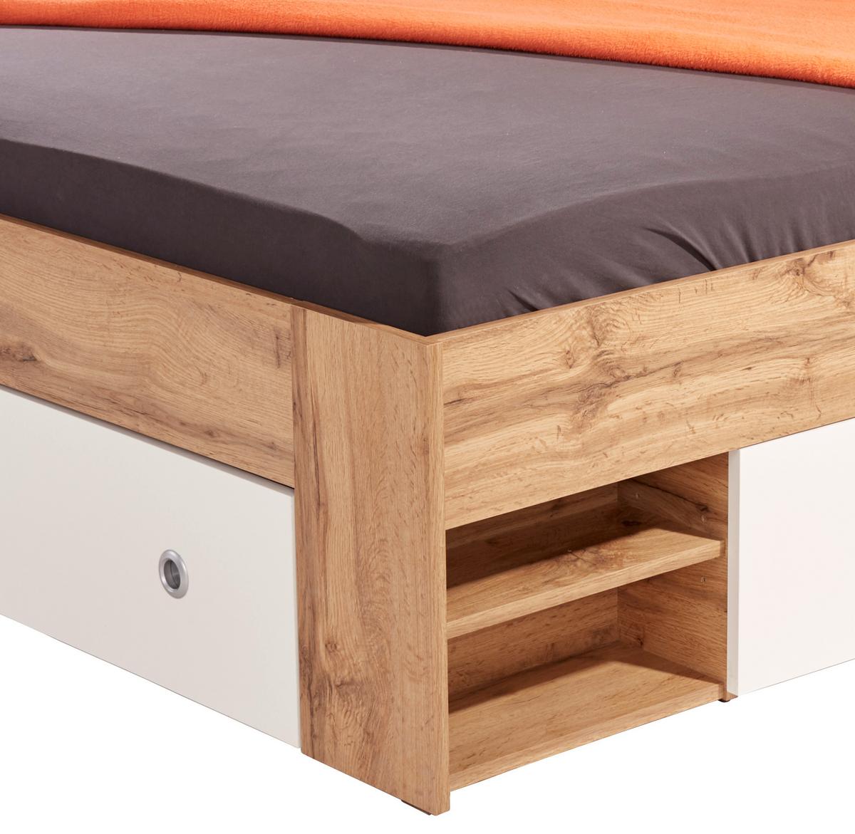 Postel s úložným prostorem Azurro,140x200, bílá/dub - bílá/dub wotan, Moderní, kompozitní dřevo (140/200cm)