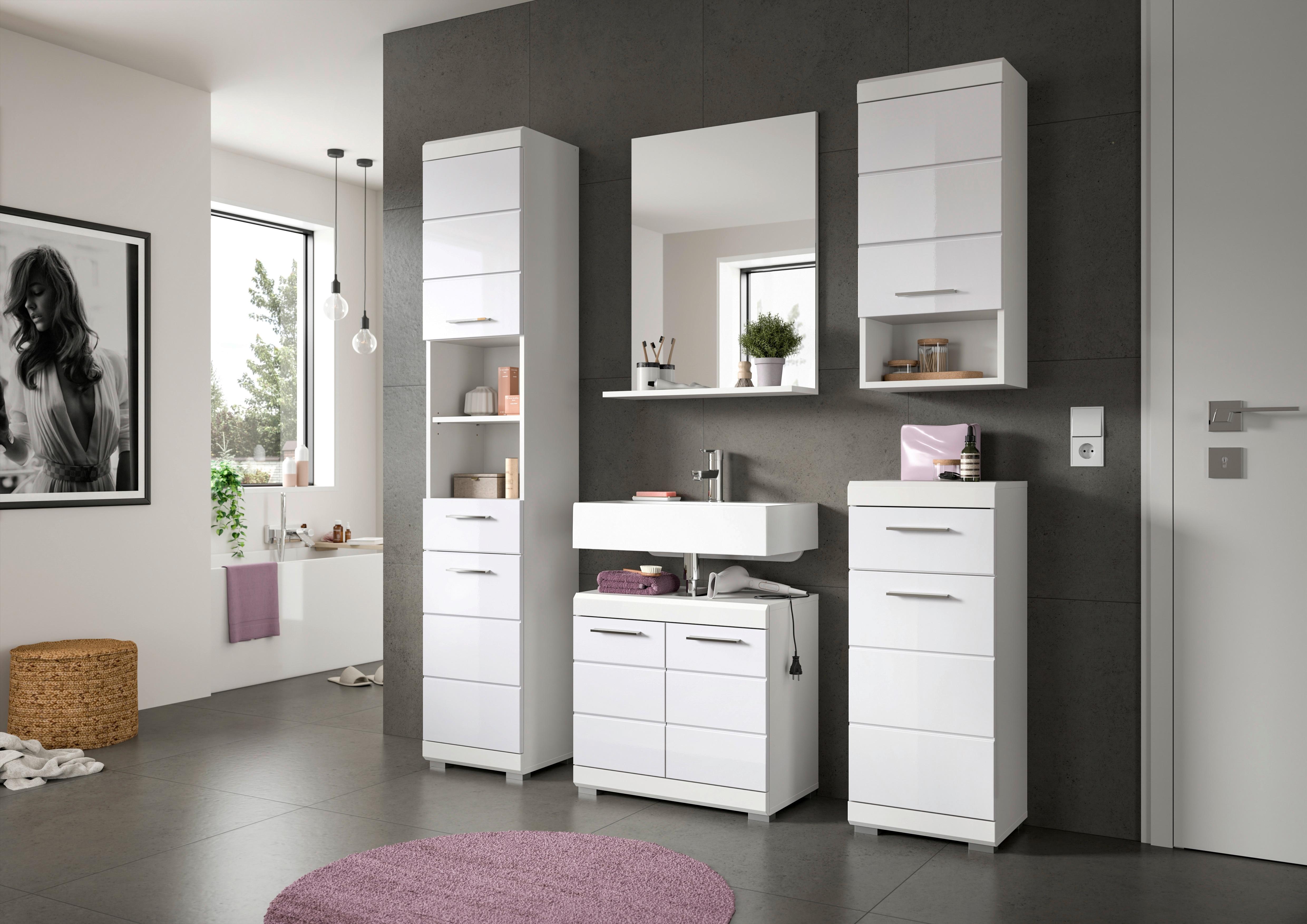 Badezimmer Scout Weiß Hg B: 154 cm - Weiß Hochglanz/Silberfarben, MODERN, Glas/Holzwerkstoff (154cm) - MID.YOU