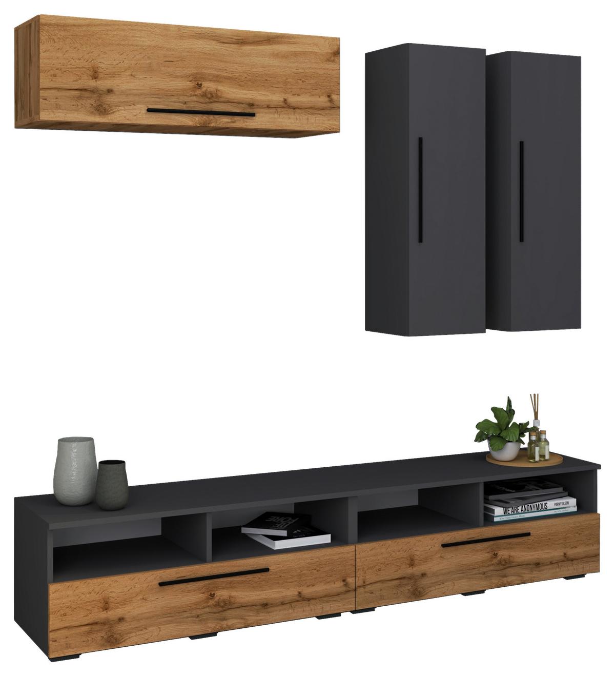 Obývací stěna Arila, 5- dílna, š: 190cm - barvy dubu/černá, Moderní, kompozitní dřevo/plast (190/200/40cm) - MID.YOU