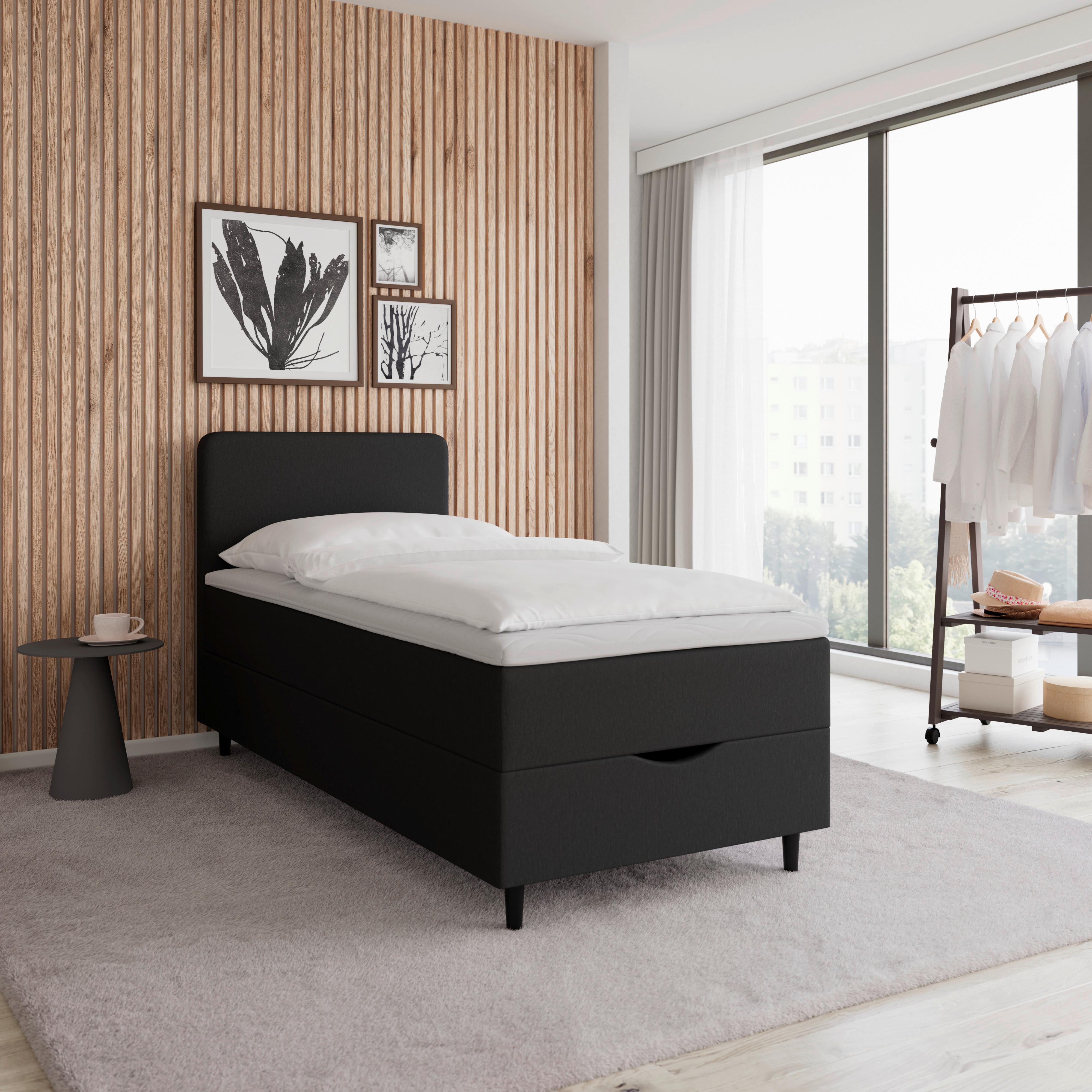 Boxspringová posteľ VIDA 90x200, tmavosivá, s topperom - čierna/tmavosivá, Modern, drevo/textil (90/200cm) - Bessagi Home