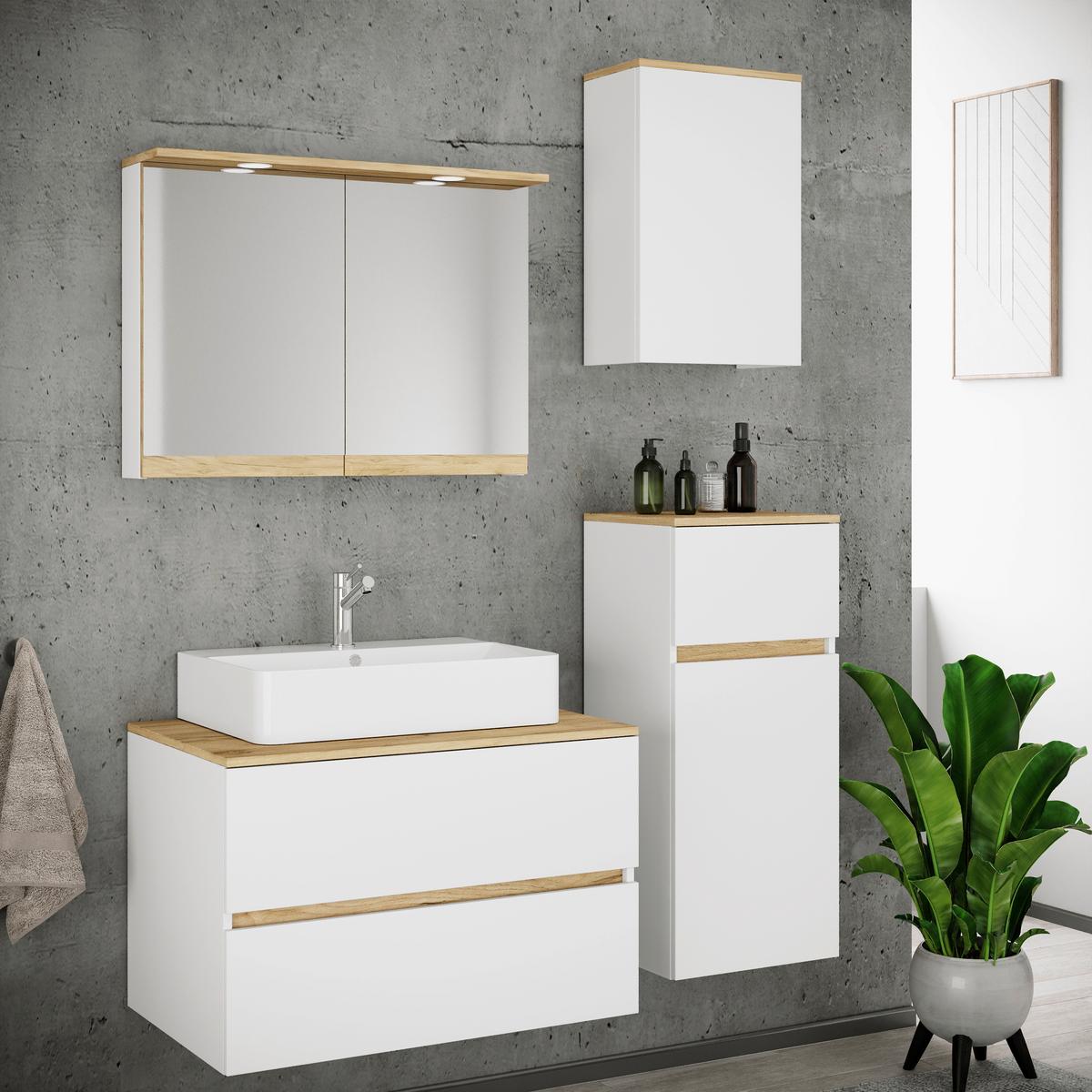 Fürdőszobabútor Cosila - méztölgy színű/fehér, Trend, faalapú anyag/kerámia (120cm) - MID.YOU