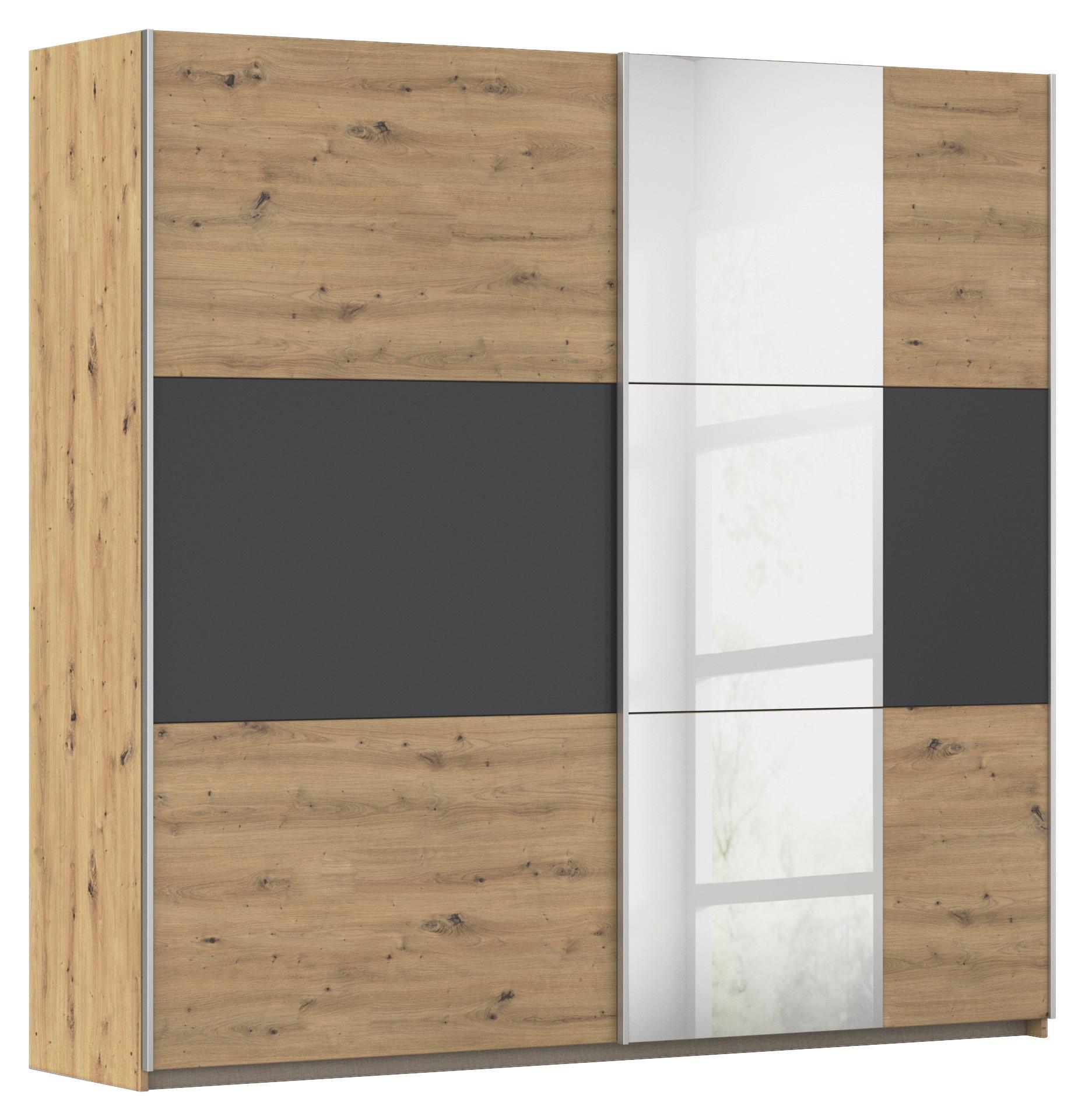 Schwebetürenschrank Mit Spiegel 218cm Foster - Klar/Eiche Artisan, KONVENTIONELL, Holzwerkstoff (218/210/59cm)