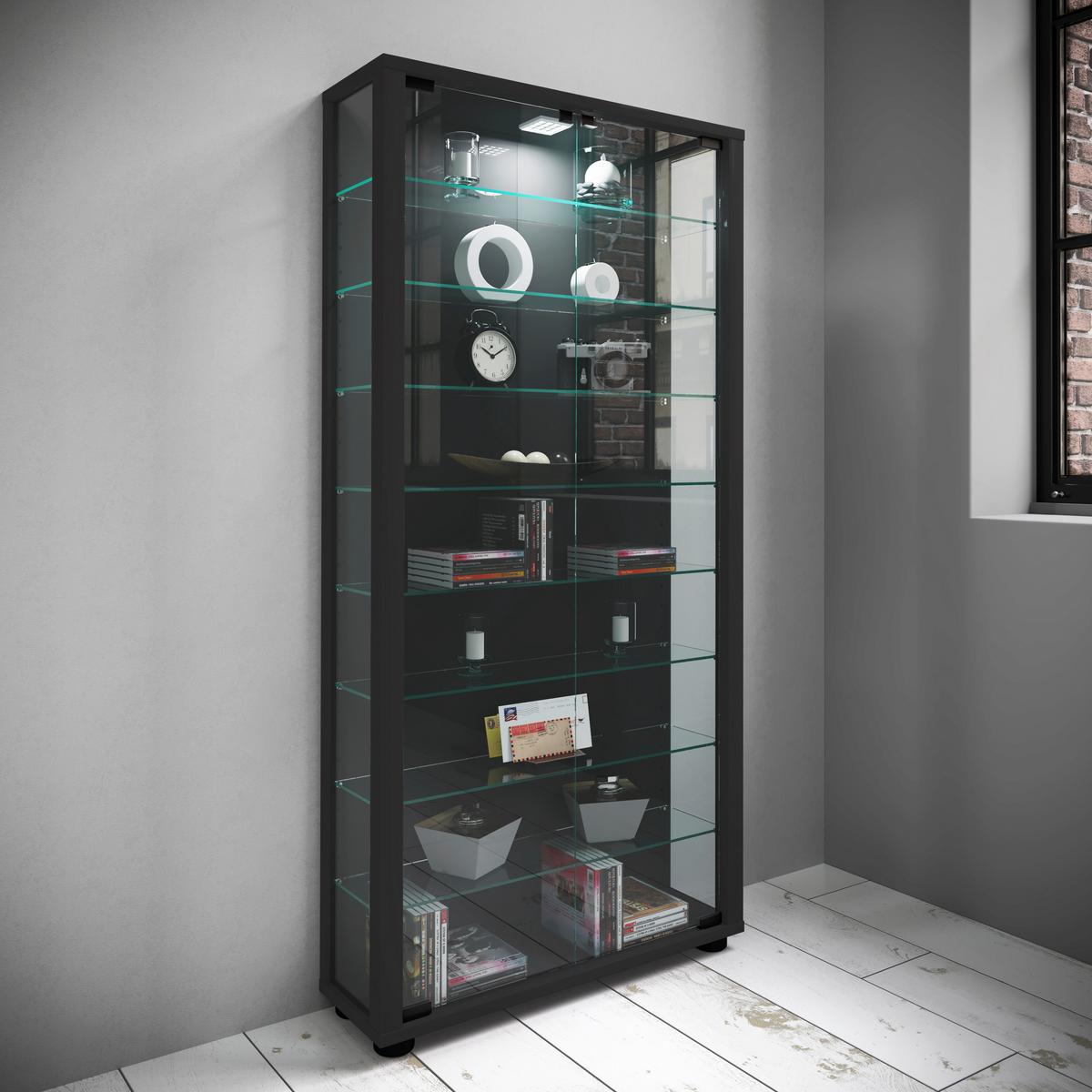 Vitrine Lumo Maxi Schwarz - Transparent/Schwarz, Design, Glas/Holzwerkstoff (59/113/18cm) - MID.YOU