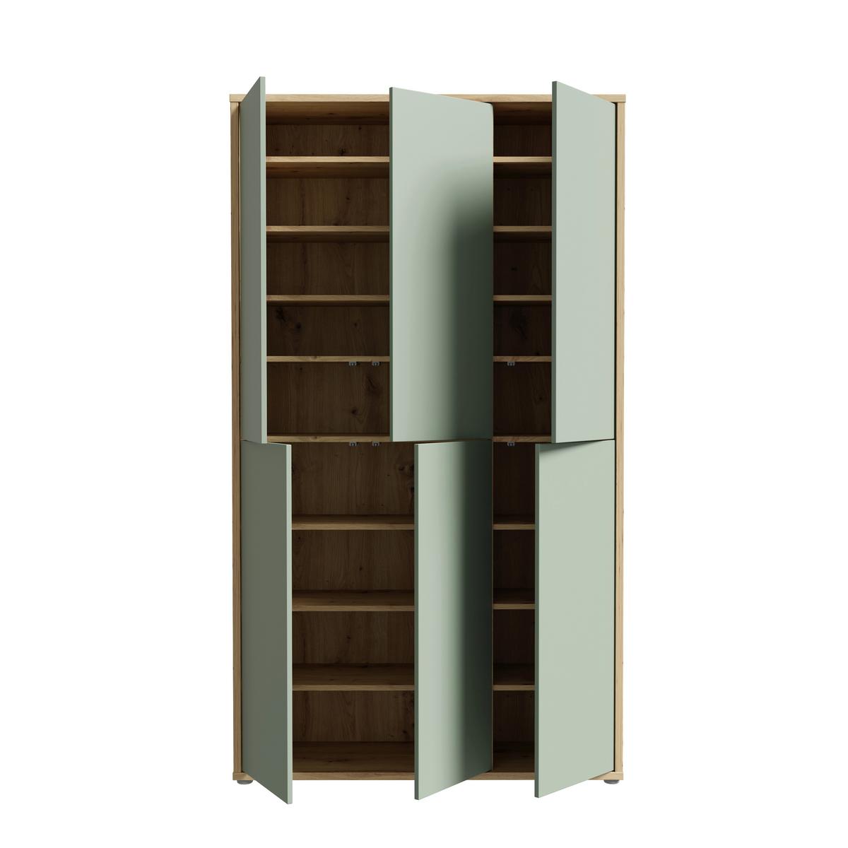 Skříň na boty, pastelově zelená/dub artisan - šedá/šalvějově zelená, Moderní, kompozitní dřevo/plast (109,2/191,9/34,9cm)