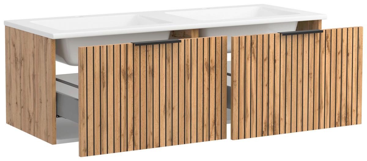 Waschbecken Mit Unterschrank Chester B: 120 Cm - Eiche Wotan/Schwarz, MODERN, Holzwerkstoff/Stein (120cm) - Held