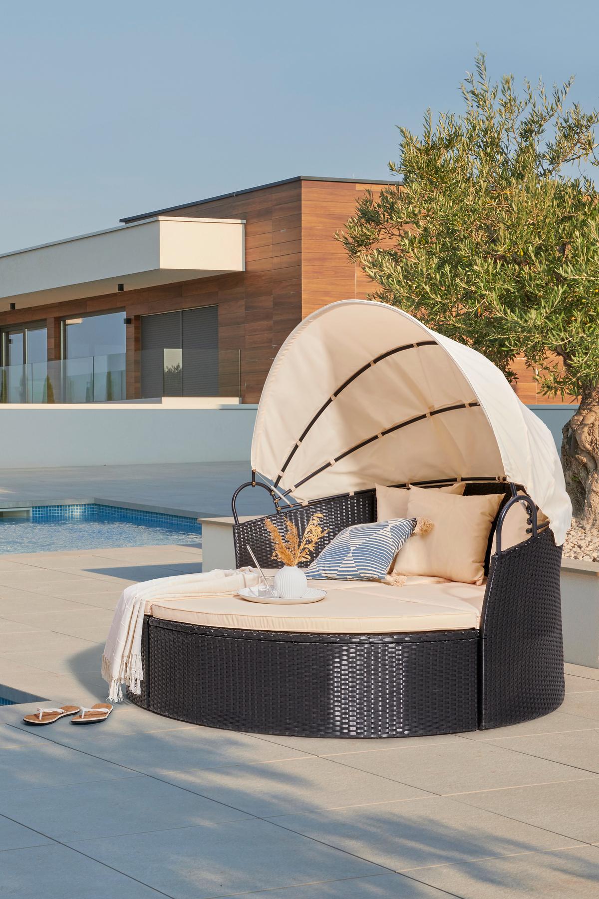 Sonneninsel Bali Schwarz/Beige Polyrattan, verstellbares Dach - Beige/Schwarz, MODERN, Kunststoff/Textil (180/80/81cm) - Luca Bessoni