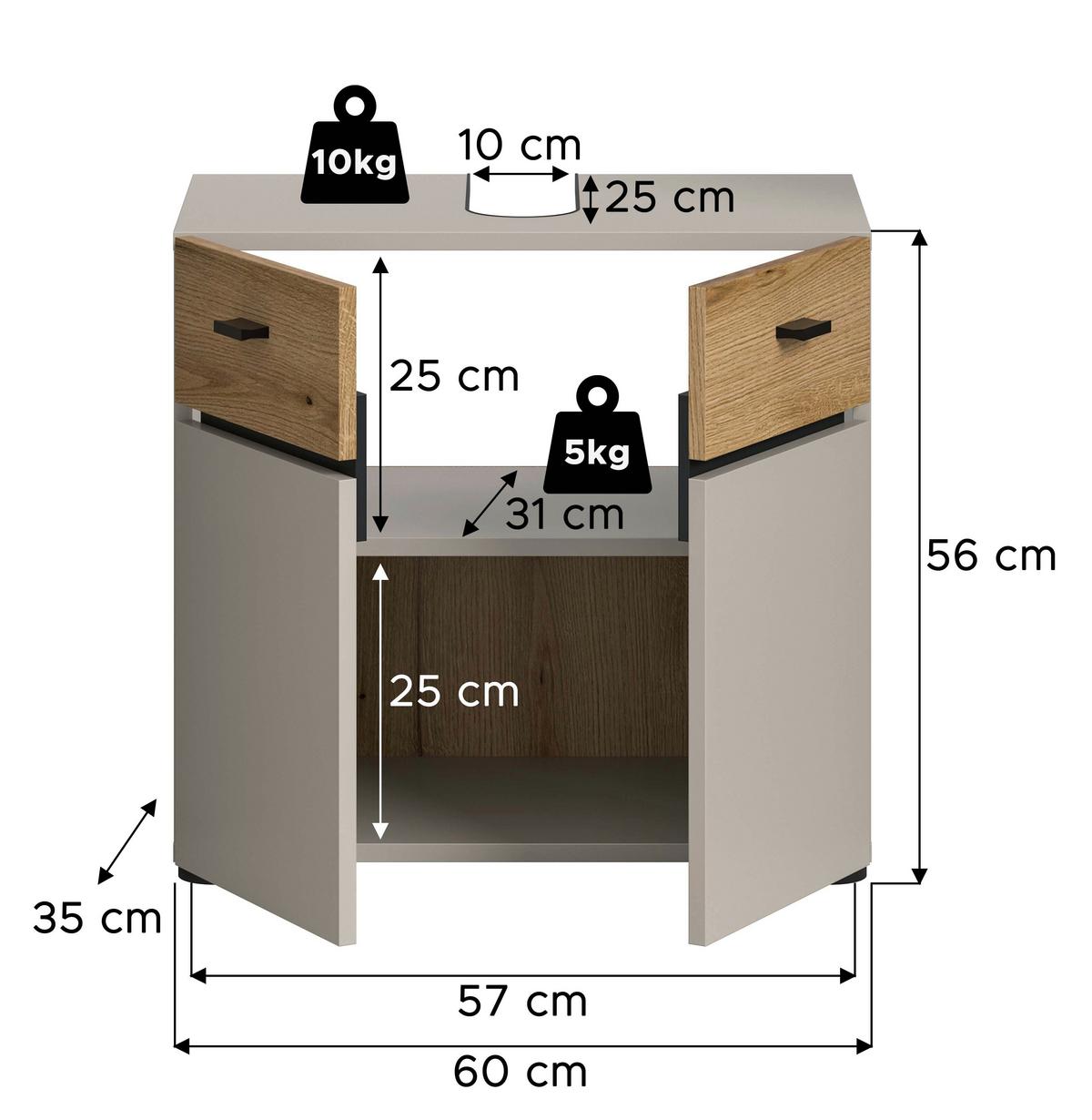 Waschbeckenunterschrank Aqua Eichefarben/Kaschmir B: 60cm - Kaschmir/Eichefarben, Trend, Holzwerkstoff (60/56/35cm) - MID.YOU