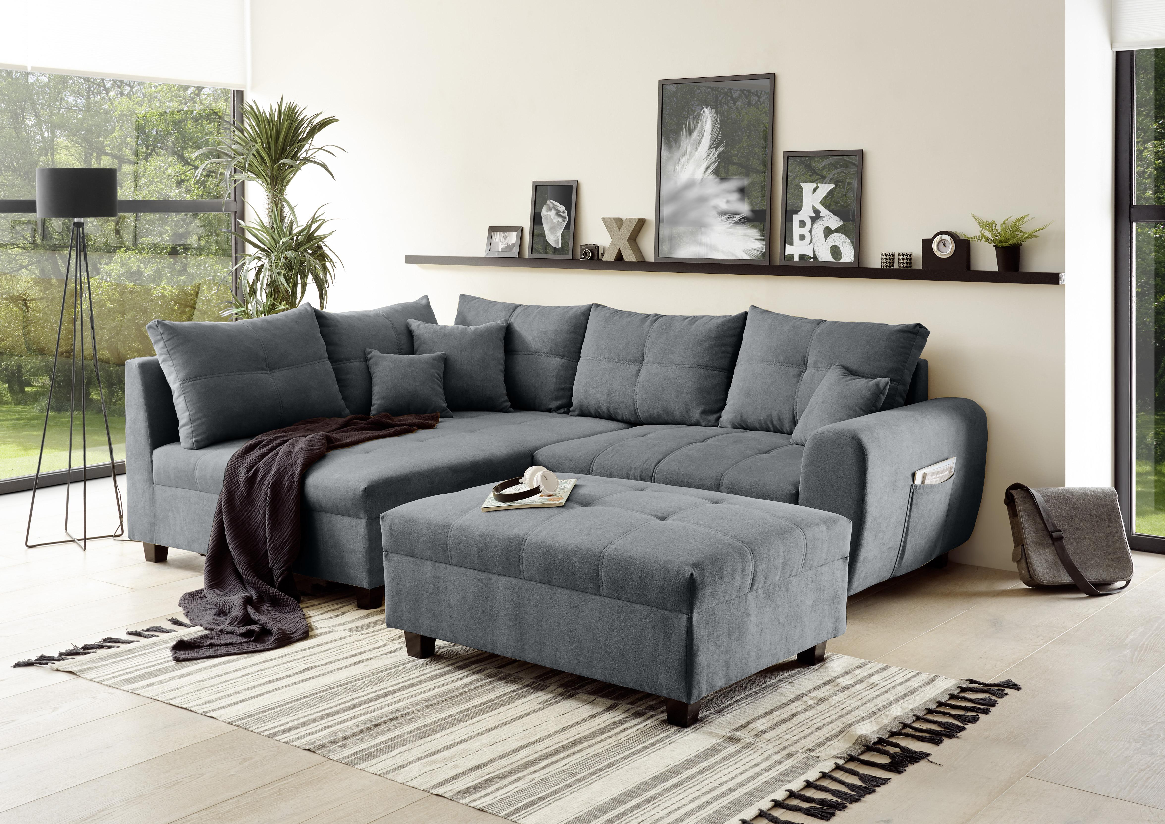 Ecksofa Inkl. Kissen + Hocker Lea, Polyester-Nylon - Anthrazit/Schwarz, Basics, Holzwerkstoff/Textil (176/248cm) - MID.YOU