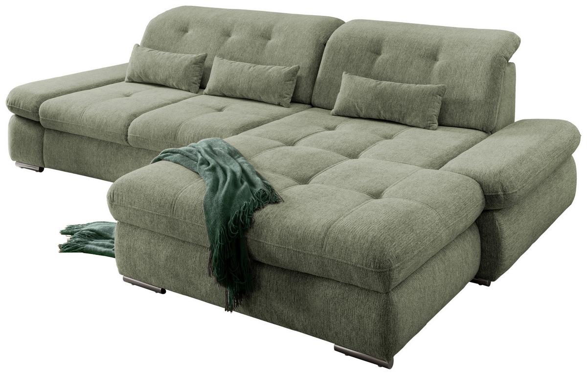 Ecksofa mit Schlaffunktion Dalida Grün Chenille - Chromfarben/Grün, Design, Textil (300/196cm) - Livetastic
