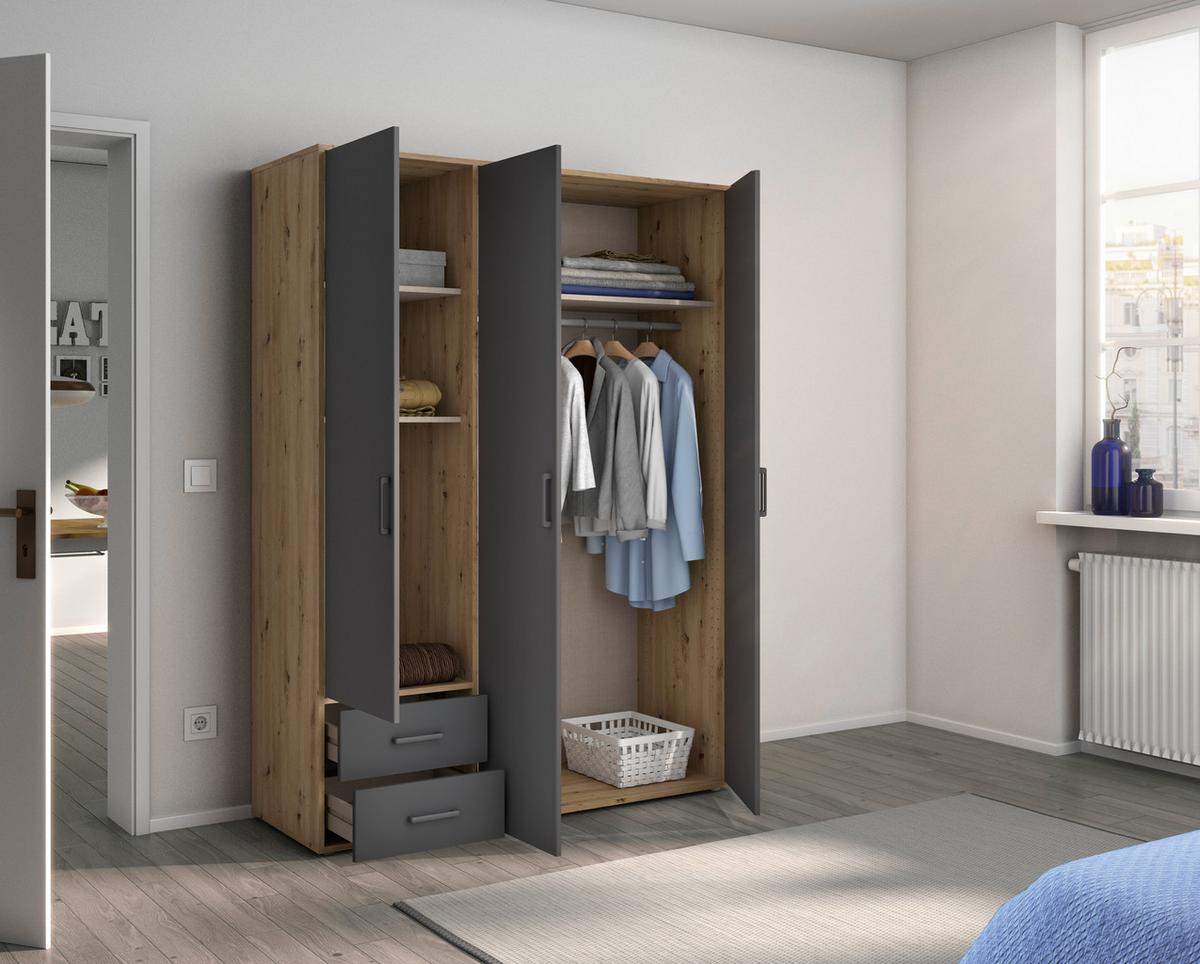 Drehtürenschrank Mit Schubladen 140 cm Voyager - Eiche Artisan/Grau, MODERN, Holzwerkstoff (140/194/53cm) - Rauch Möbel