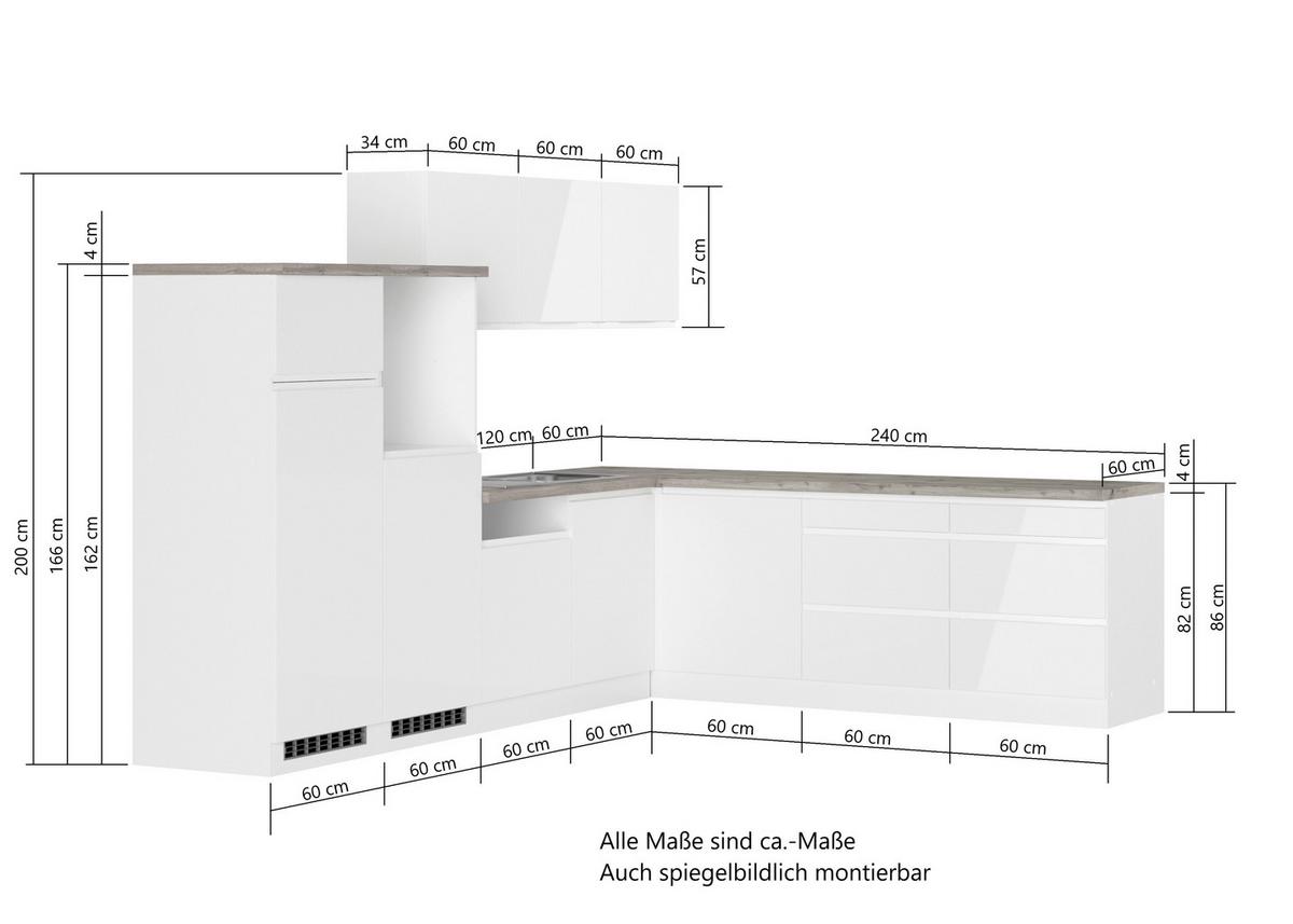 Eckküche Monza Ohne Geräte 300x240 Cm Weiß/grau - Weiß Hochglanz/Weiß, LIFESTYLE, Holzwerkstoff (300/240cm) - Held