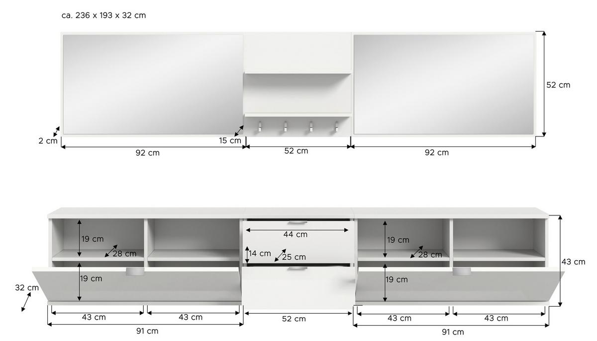 Garderobe Projekt X Weiß B: 236 Cm - Weiß Hochglanz/Weiß, Design, Holzwerkstoff (236/193/32cm) - Livetastic