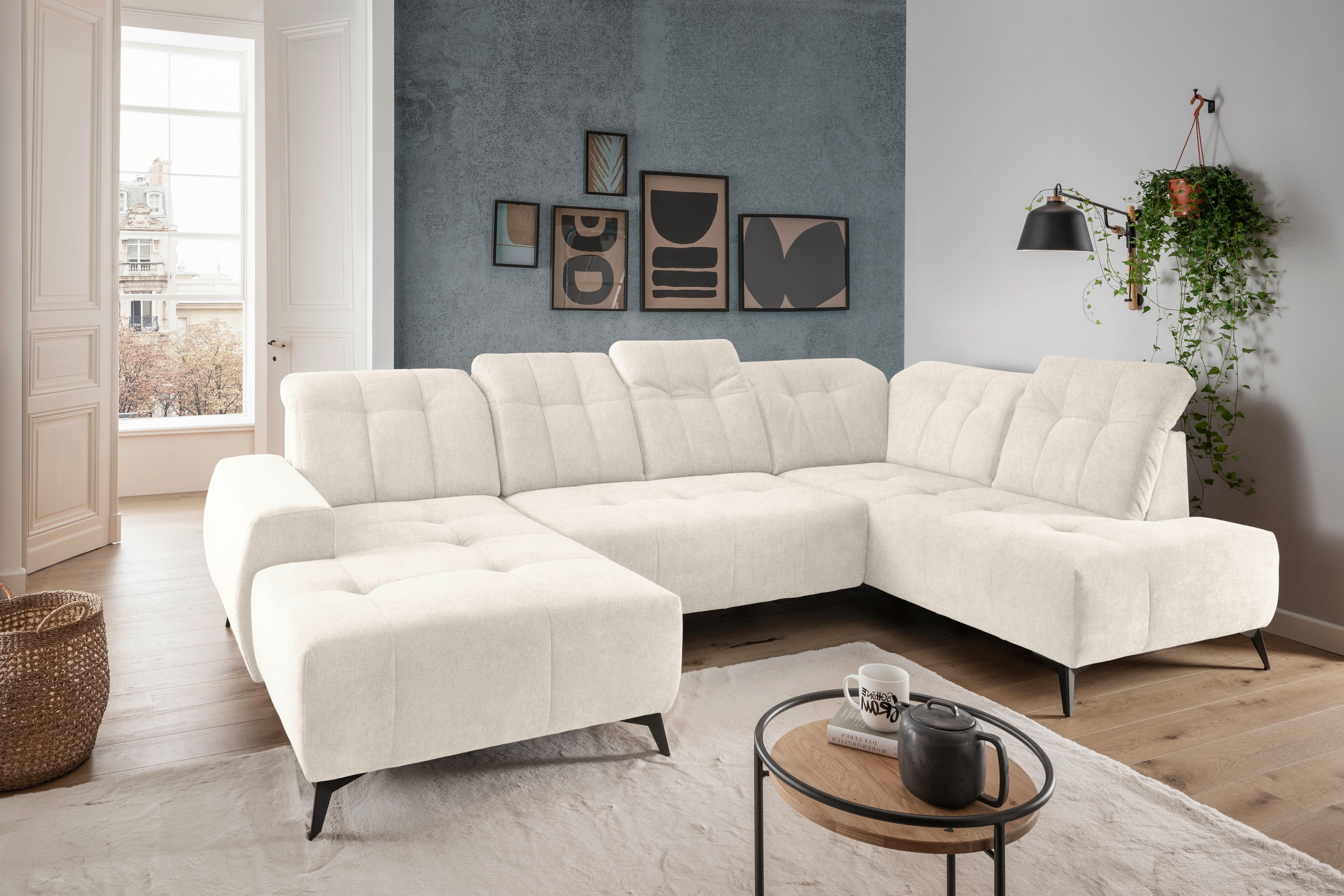 Ecksofa, Sitzvorzug Elektrisch Sano, Creme, 180x337x200 cm - Creme/Schwarz, MODERN, Textil (180/337/200cm) - Livetastic