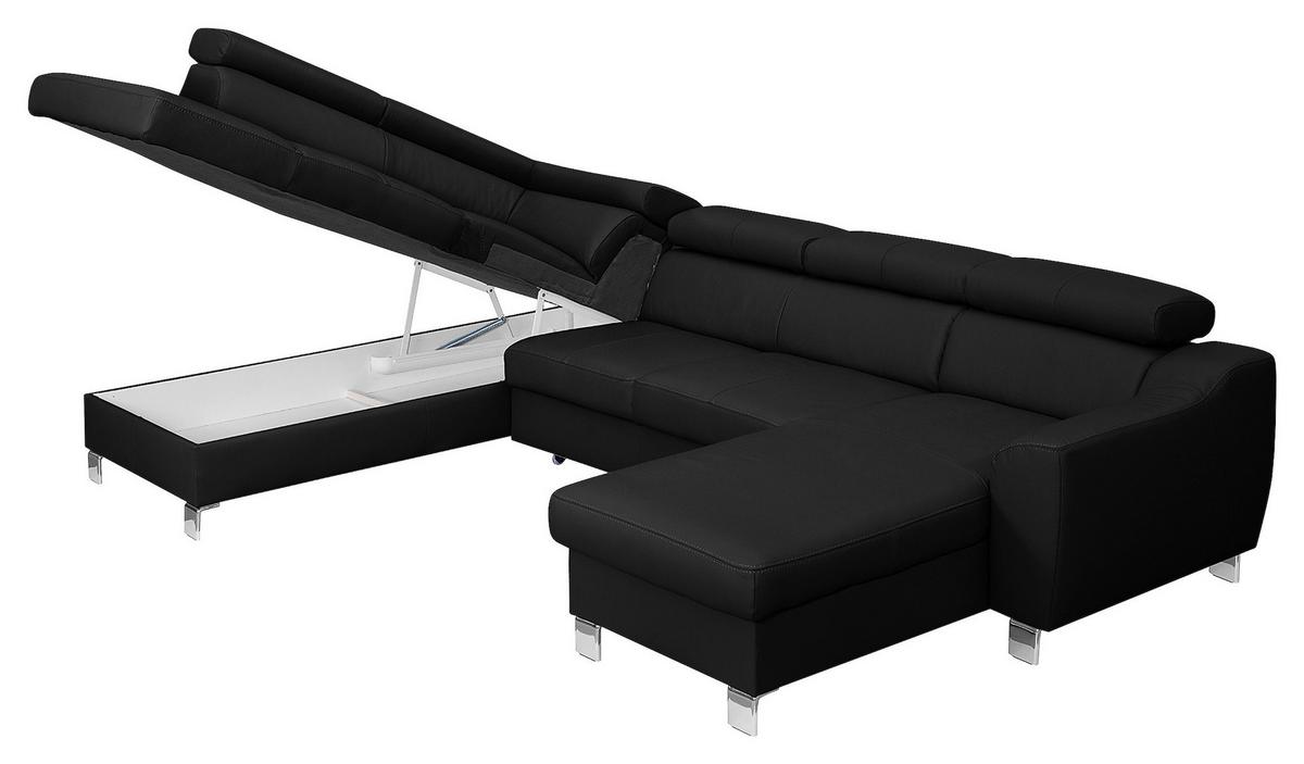 Wohnlandschaft Aspen Schwarz U-Form: 208 cm - Chromfarben/Schwarz, Design, Leder/Textil (208/315/175cm) - Livetastic