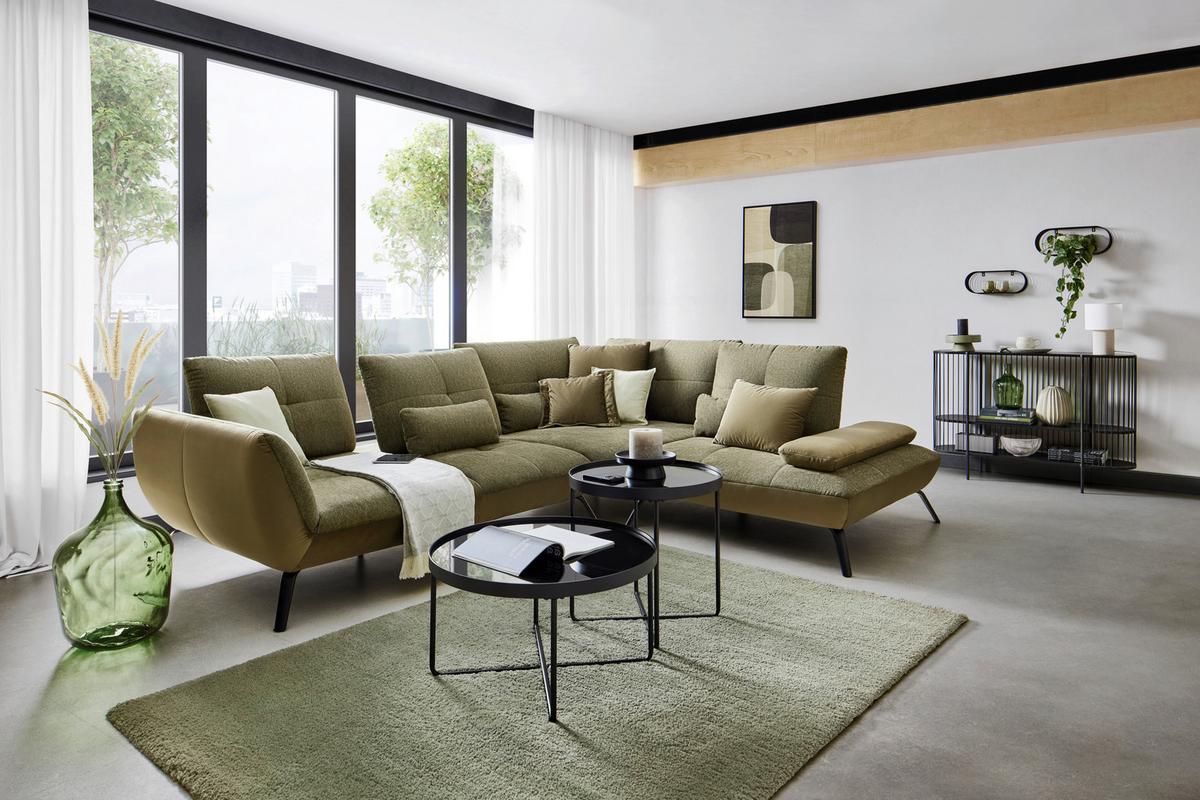 TRENDY, pravá, antracitová, s 3 bedrovými vankúšmi - olivovozelená/čierna, Modern, kov/kompozitné drevo (310/250/250cm) - Premium Living