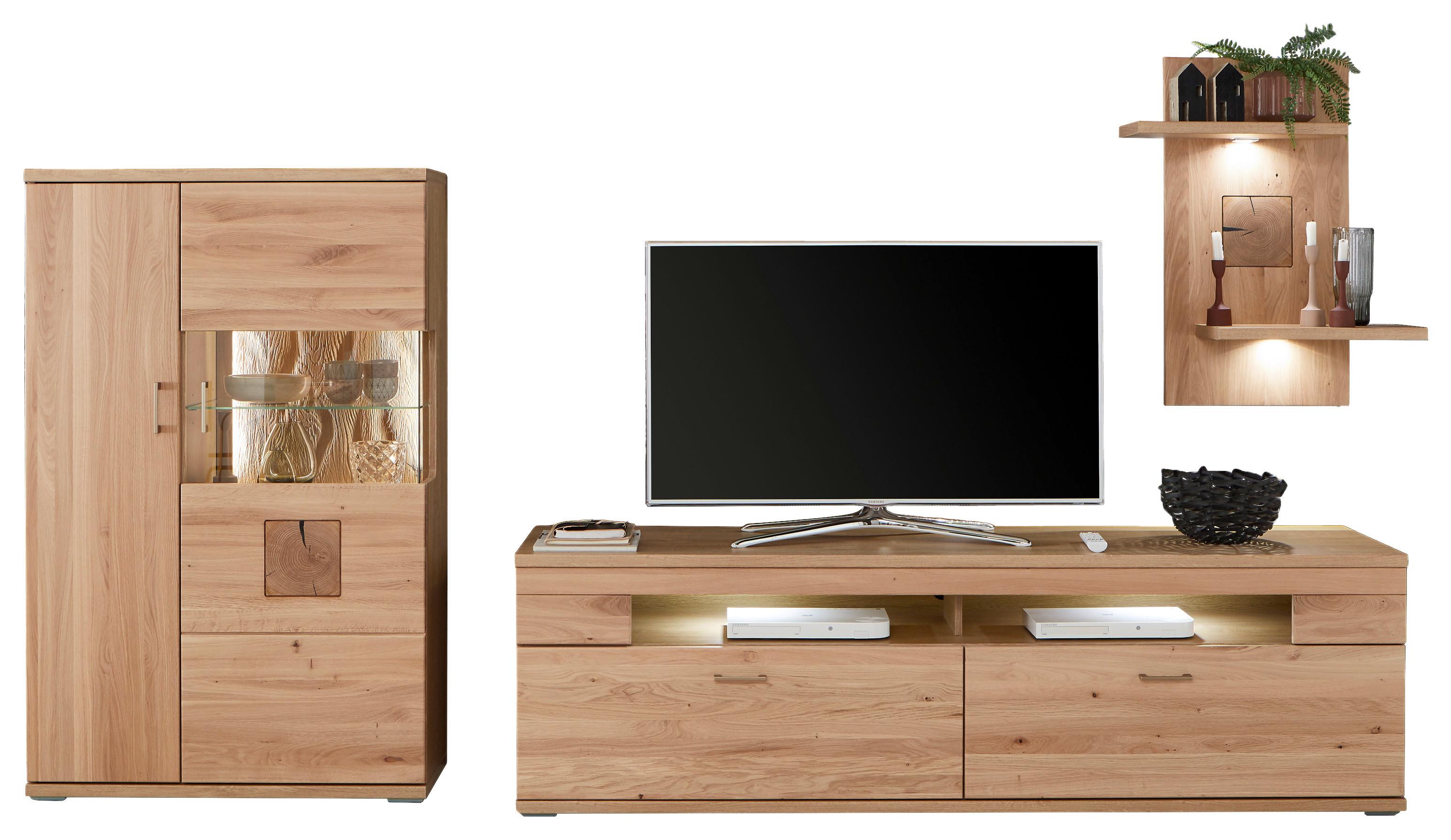 Wohnwand Kansas - Alteiche/Silberfarben, KONVENTIONELL, Glas/Holz (317,1/171/50,2cm) - Livetastic