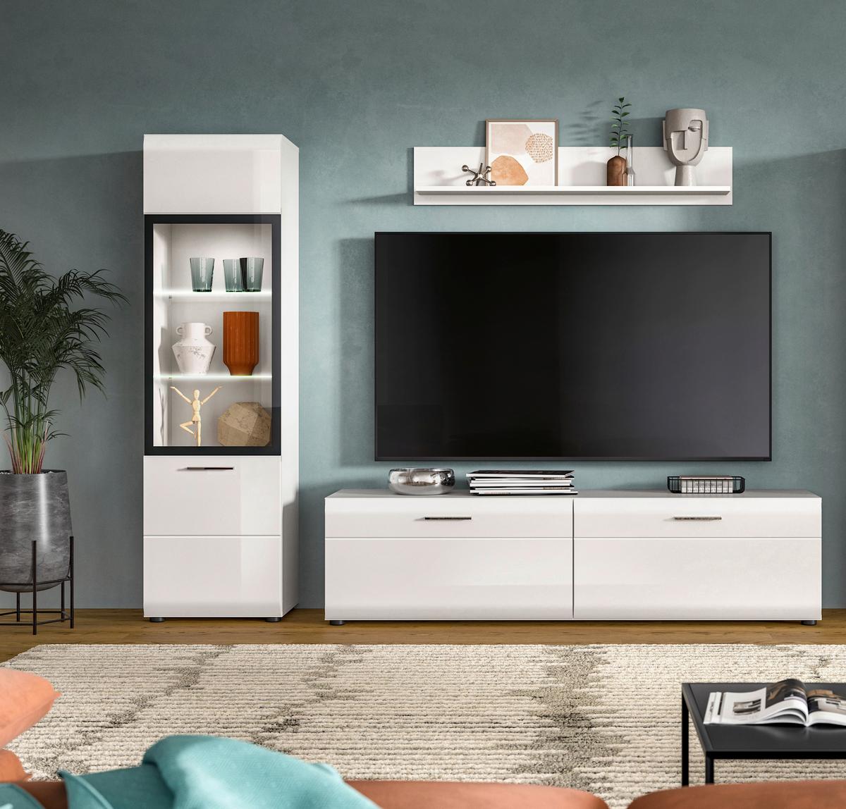 WOHNWAND Ice, Weis B: 220 cm - Weiß Hochglanz/Schwarz, Design, Glas/Holzwerkstoff (220/160/41cm) - Livetastic