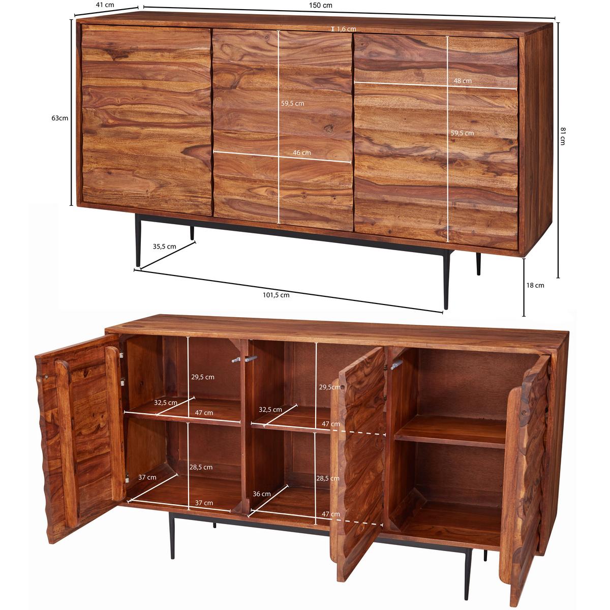 Sideboard 150 cm Sheesham, Sheeshamfarben - Sheeshamfarben/Schwarz, Design, Holz (150/81/41cm) - MID.YOU