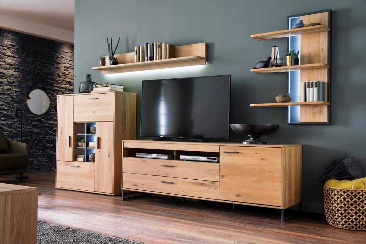 Wohnkombination Teilmassiv 4--Teilig. Portland Eichefarben - Eichefarben/Schwarz, Design, Holz/Holzwerkstoff (338/204/50cm) - Livetastic