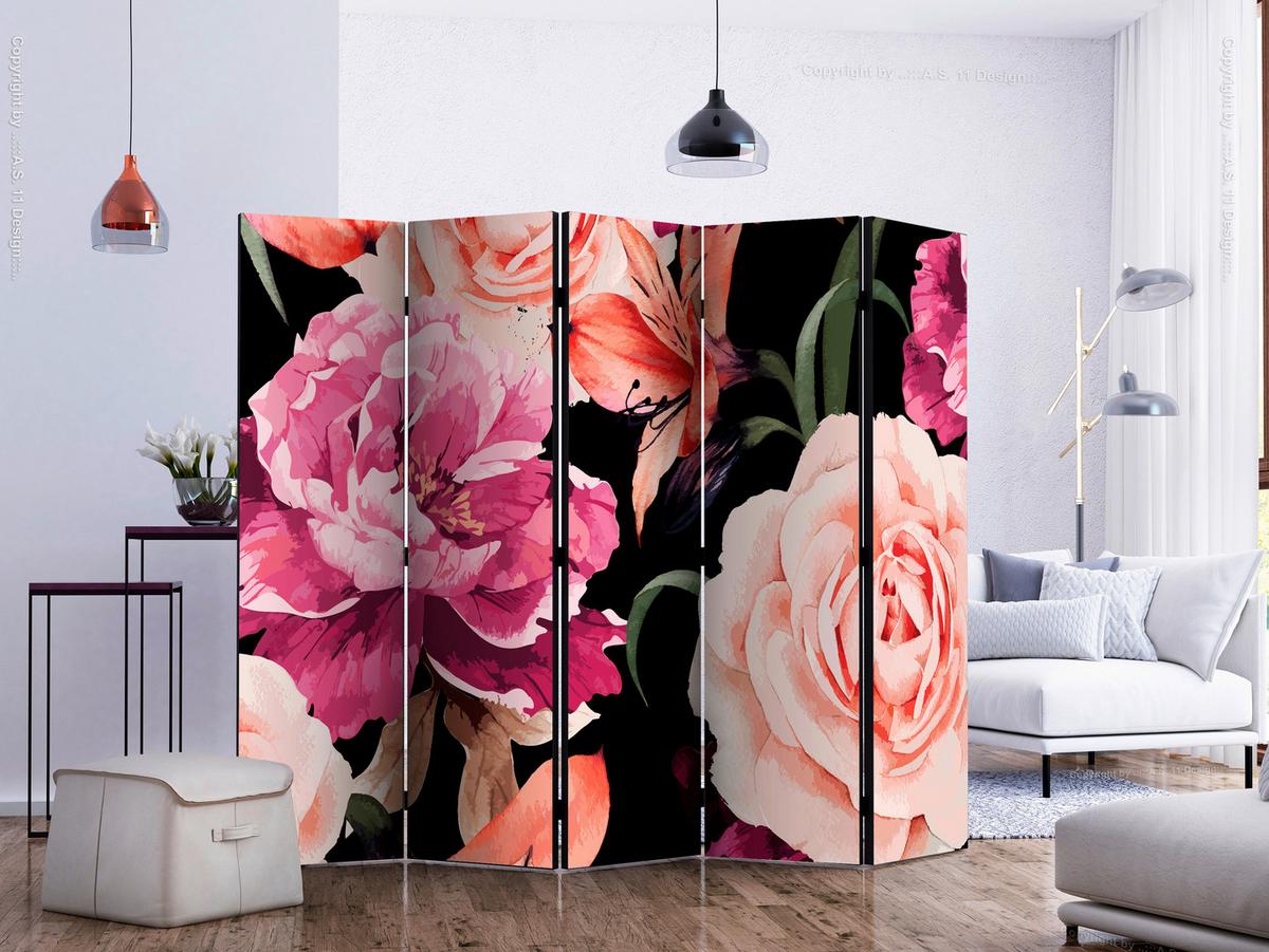 Paravent Schwarz Pink B: 225 cm - Pink/Schwarz, Basics, Holz/Textil (225/172/3cm) - artgeist