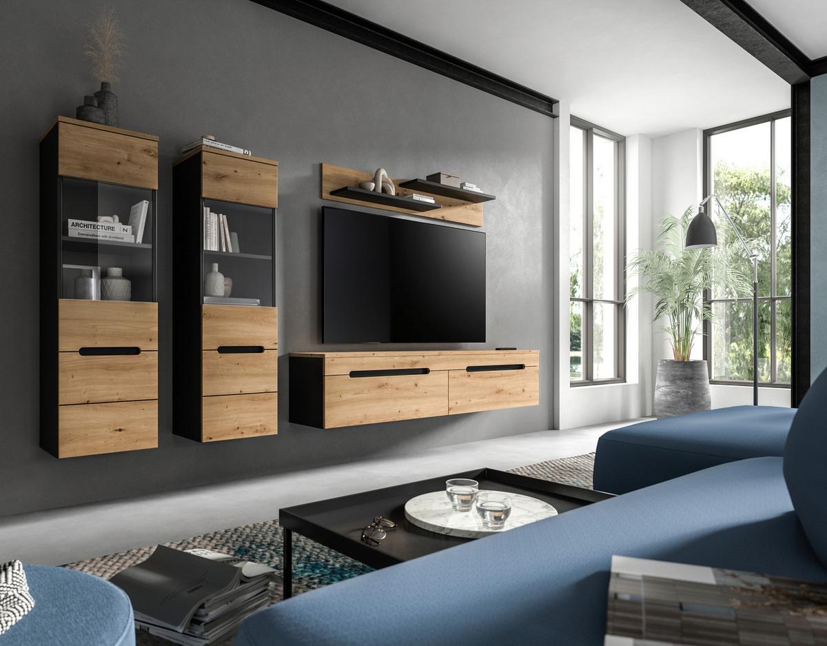 Wohnwand Canu Eiche Artisan Dekor B: 272cm - Schwarz/Eiche Artisan, Design, Holzwerkstoff (272/141/33cm) - Livetastic
