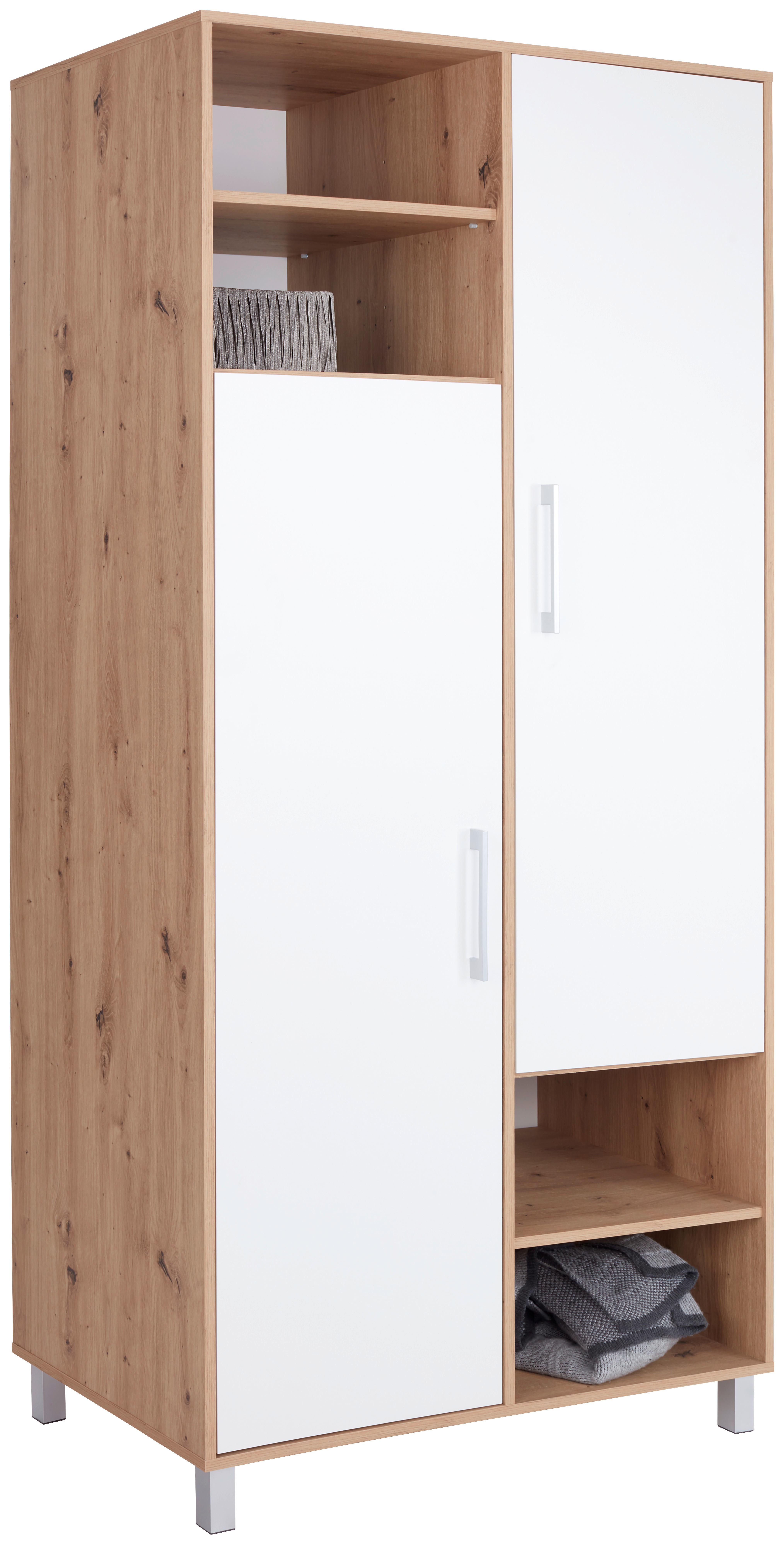 Kleiderschrank mit Fächern 98cm Box, Weiß/Eiche Dekor - Weiß/Eiche Artisan, MODERN, Holzwerkstoff (98/205/55cm) - Ondega