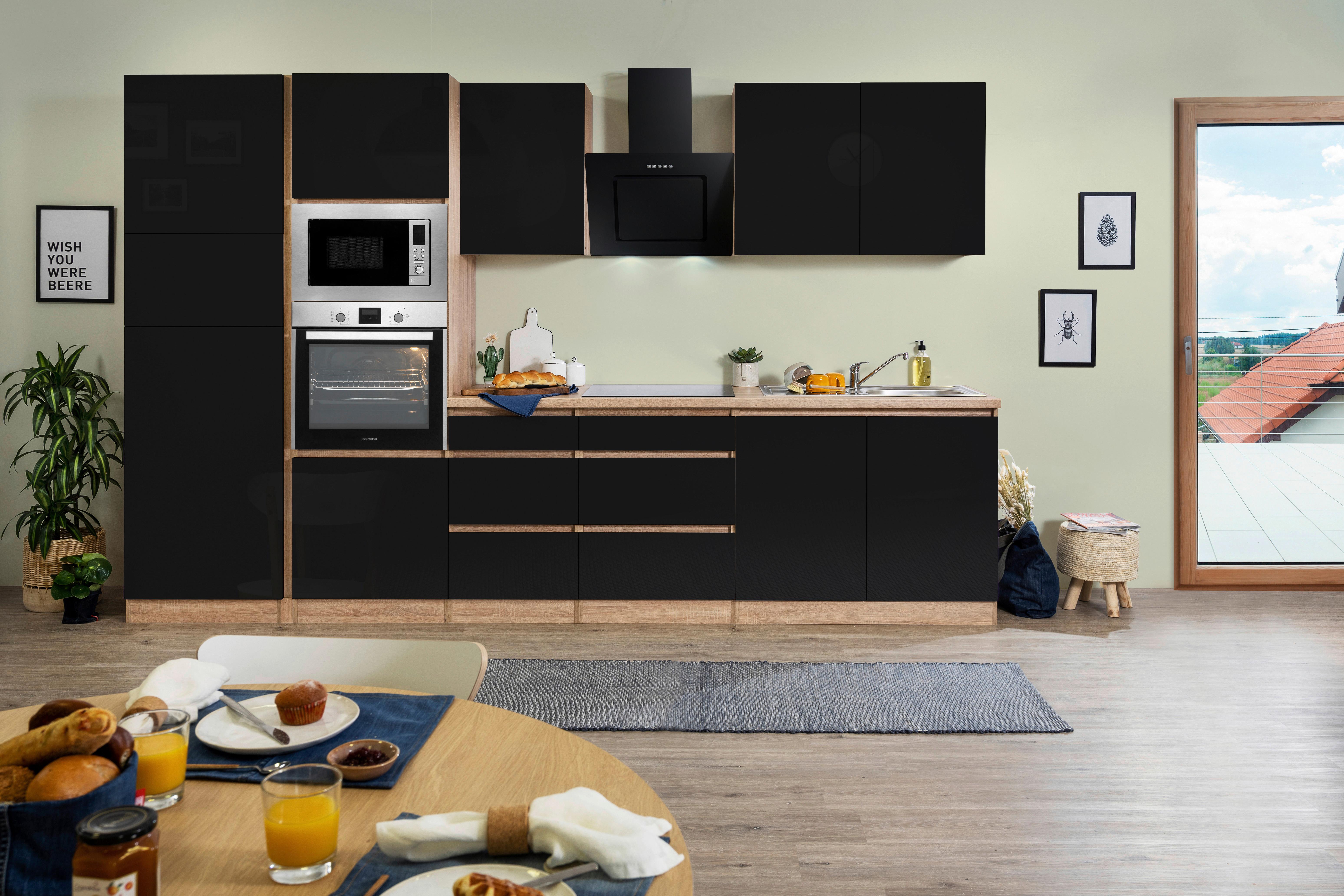 Küchenblock Lorena B: 335 cm Schwarz, mit Geräte - Schwarz Hochglanz/Eichefarben, Basics, Holzwerkstoff (335cm) - Respekta
