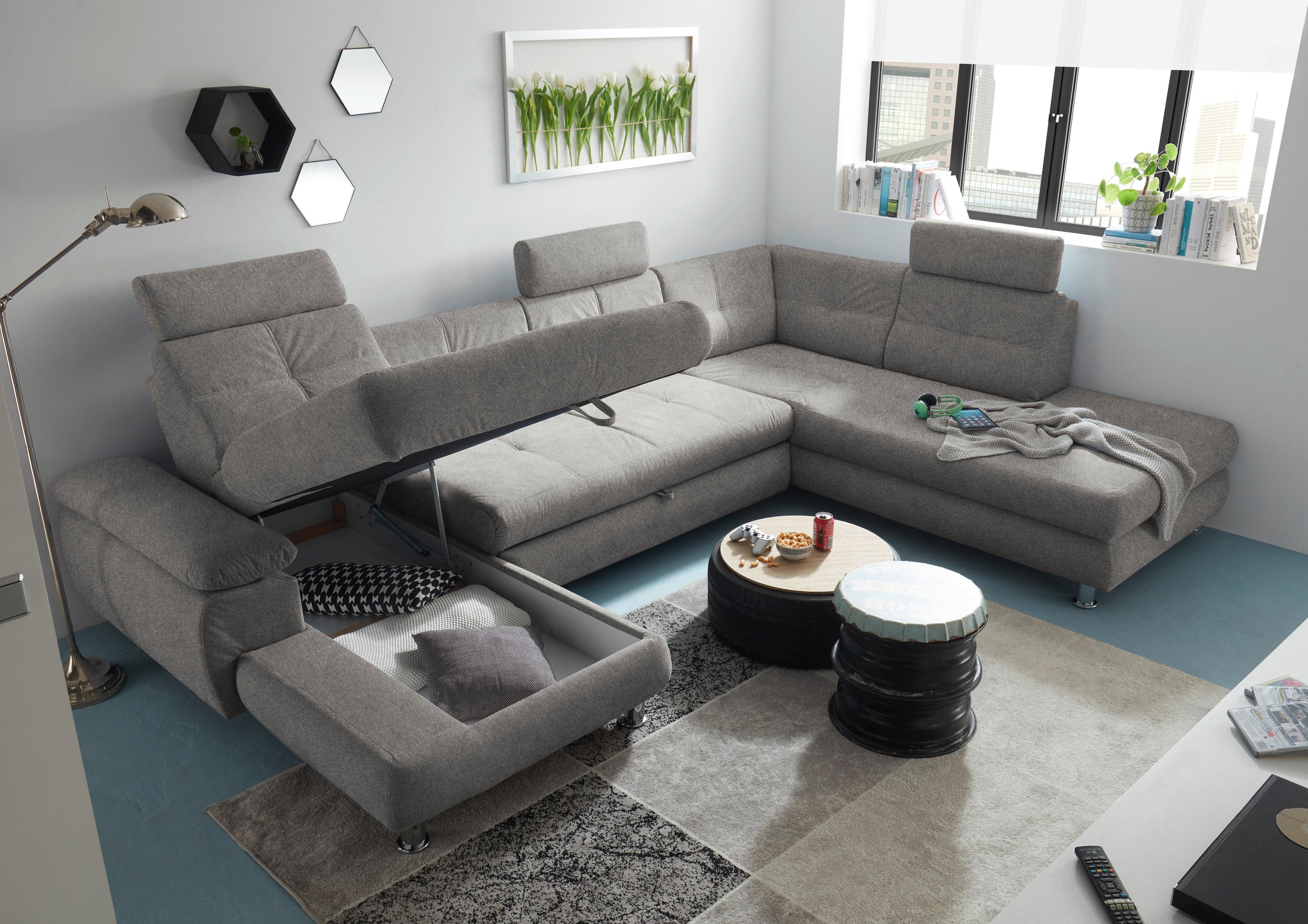 Wohnlandschaft mit Schlaffunktion Alba, Webstoff - Silberfarben, MODERN, Textil (177/349/233cm) - MID.YOU