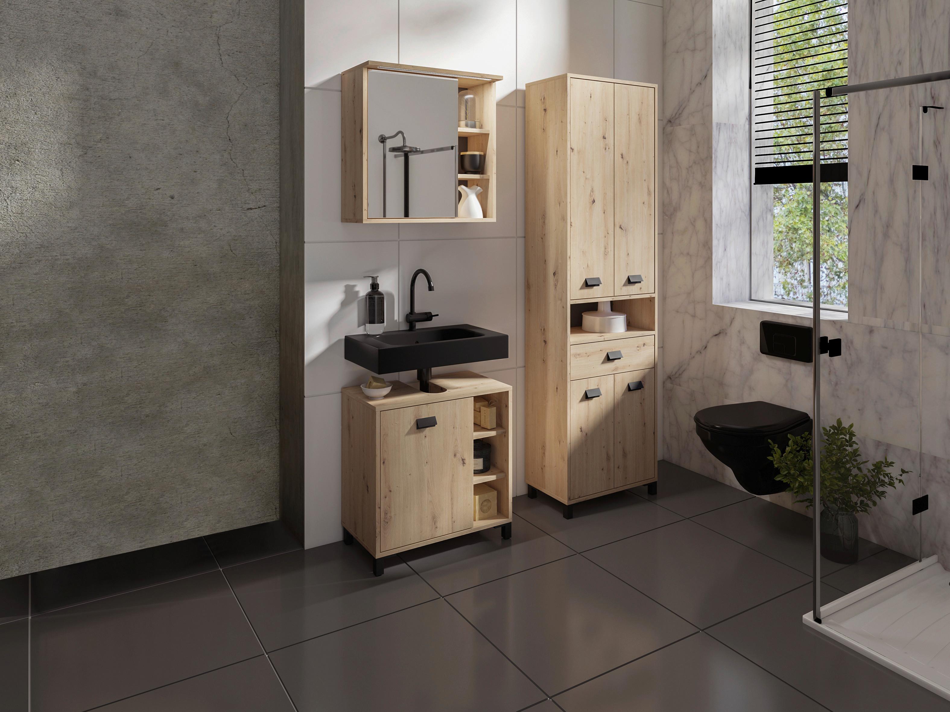 Badezimmer Wellness Eiche Arisan/Schwarz B: 114 cm - Schwarz/Eiche Artisan, MODERN, Holzwerkstoff/Kunststoff (114cm) - MID.YOU