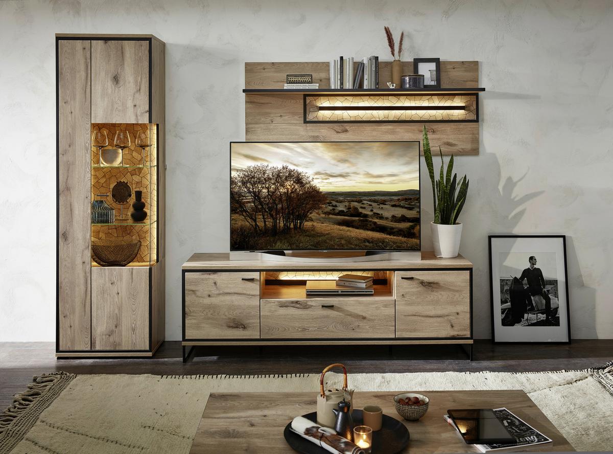 Wohnwand Ruben - Eichefarben/Schwarz, KONVENTIONELL, Glas/Holzwerkstoff (270/205/49cm) - Livetastic