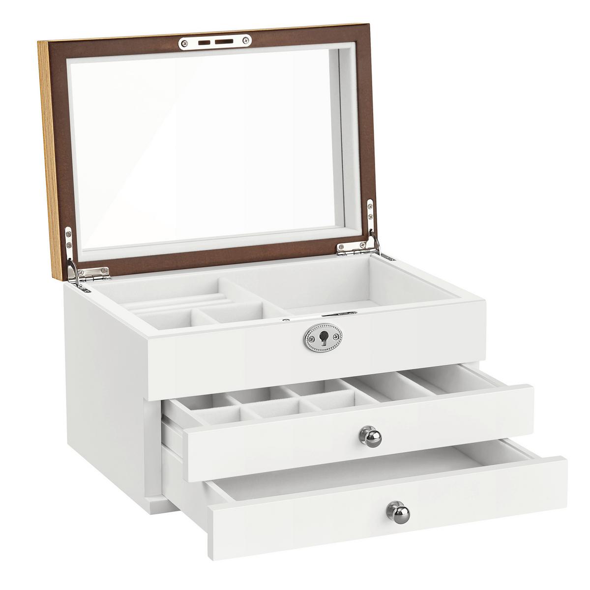 Schmuckkästchen Weiß, Nussbaumfarben B: 25 cm - Nussbaumfarben/Weiß, LIFESTYLE, Glas/Holz (25/15/17cm)
