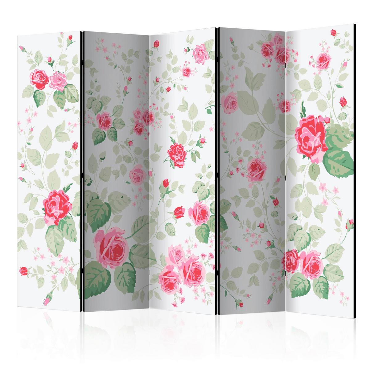 Paravent Grün Weiß Pink B: 225 cm - Pink/Weiß, Basics, Holz/Textil (225/172/3cm) - artgeist