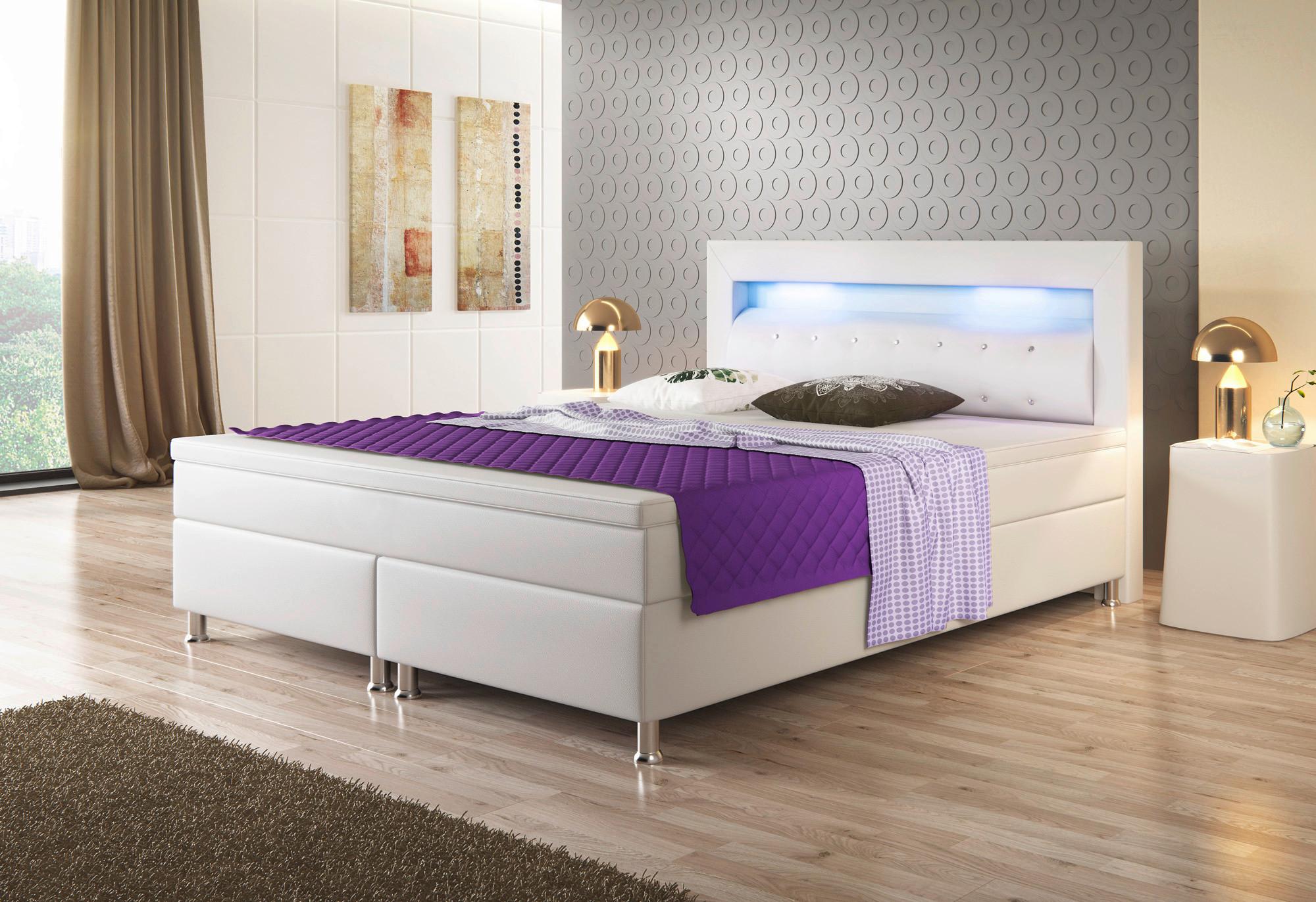 Boxspringbett mit Topper & Beleuchtung 180x200 Monaco - Silberfarben/Weiß, KONVENTIONELL, Leder/Textil (180/115/210cm) - MID.YOU
