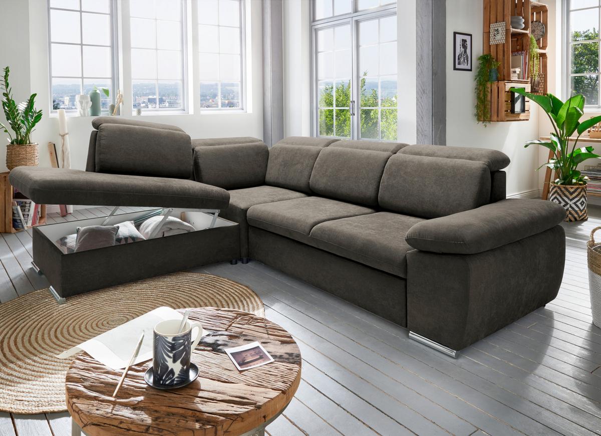 Ecksofa Vasto Dunkelbraun S: 228x283cm - Chromfarben/Dunkelbraun, Design, Textil (228/283cm) - Livetastic