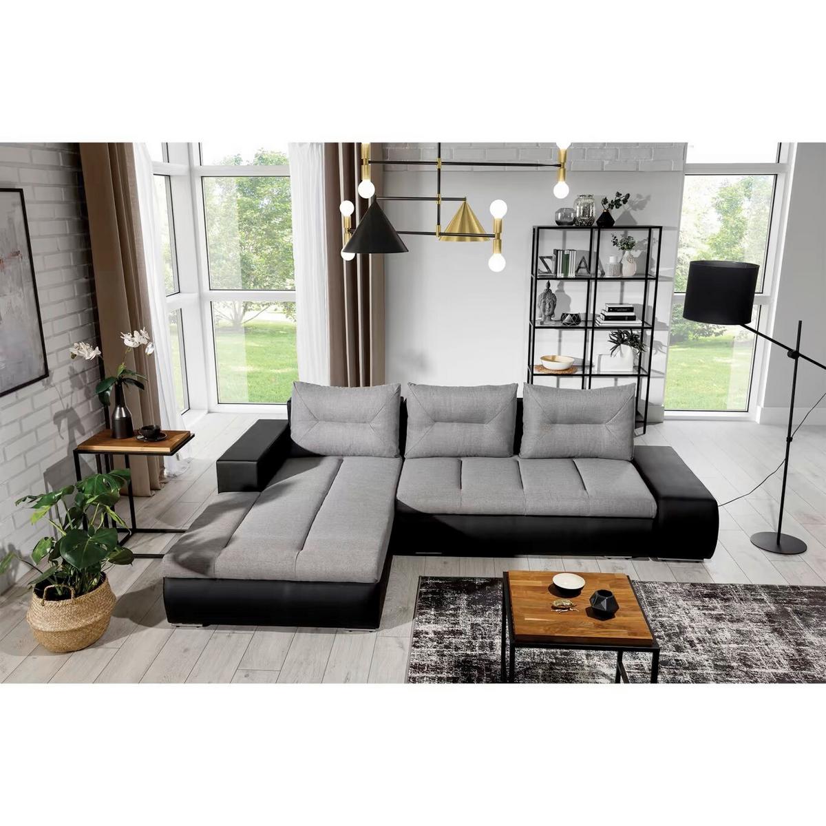 Ecksofa Ottavio Schwarz/Hellgrau S: 180x275 cm - Chromfarben/Hellgrau, Design, Textil (180/275cm) - MID.YOU