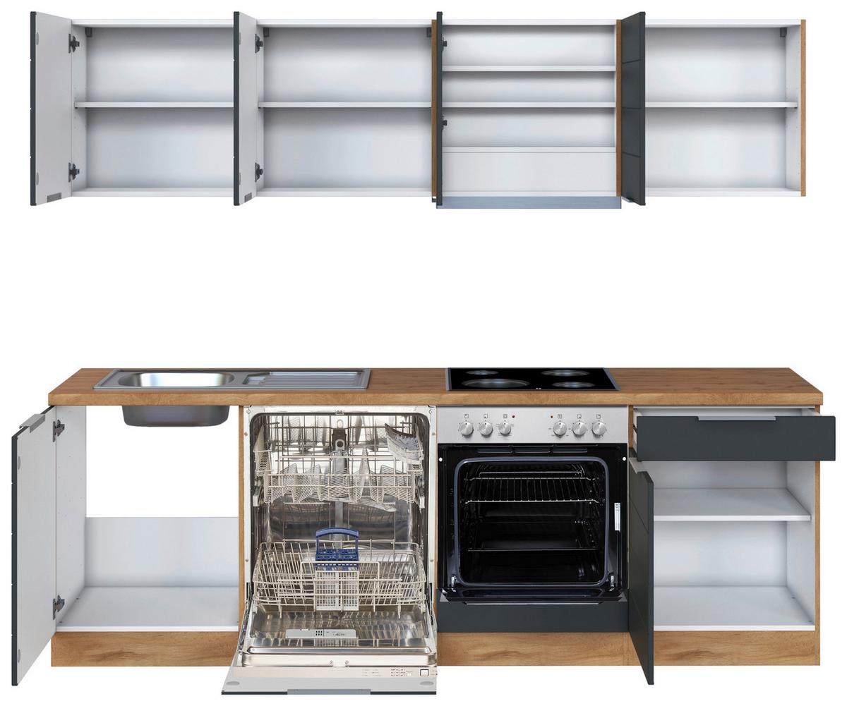 Küchenzeile Florenz mit Geräte B: 240 cm Grau/Eiche Dekor - Eiche Wotan/Grau, Design, Holzwerkstoff (240cm) - Held