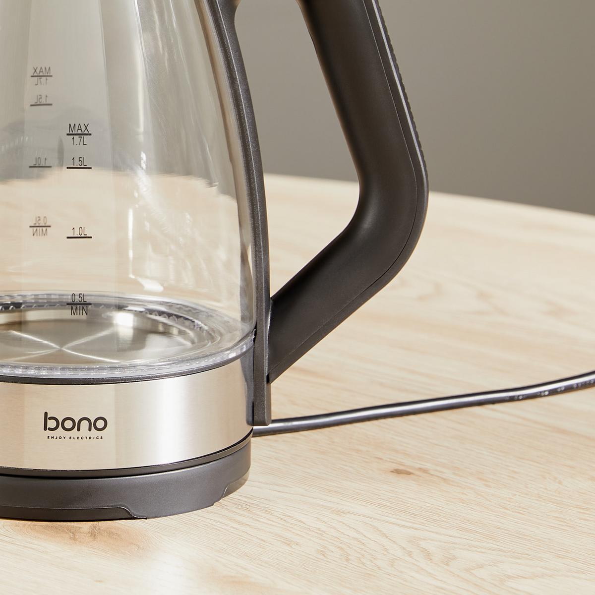 Wasserkocher Kate Klar/Schwarz Glas 1,7 Liter 2.200W - Klar/Edelstahlfarben, KONVENTIONELL, Glas/Kunststoff (21,2/23,4/15,7cm) - Bono