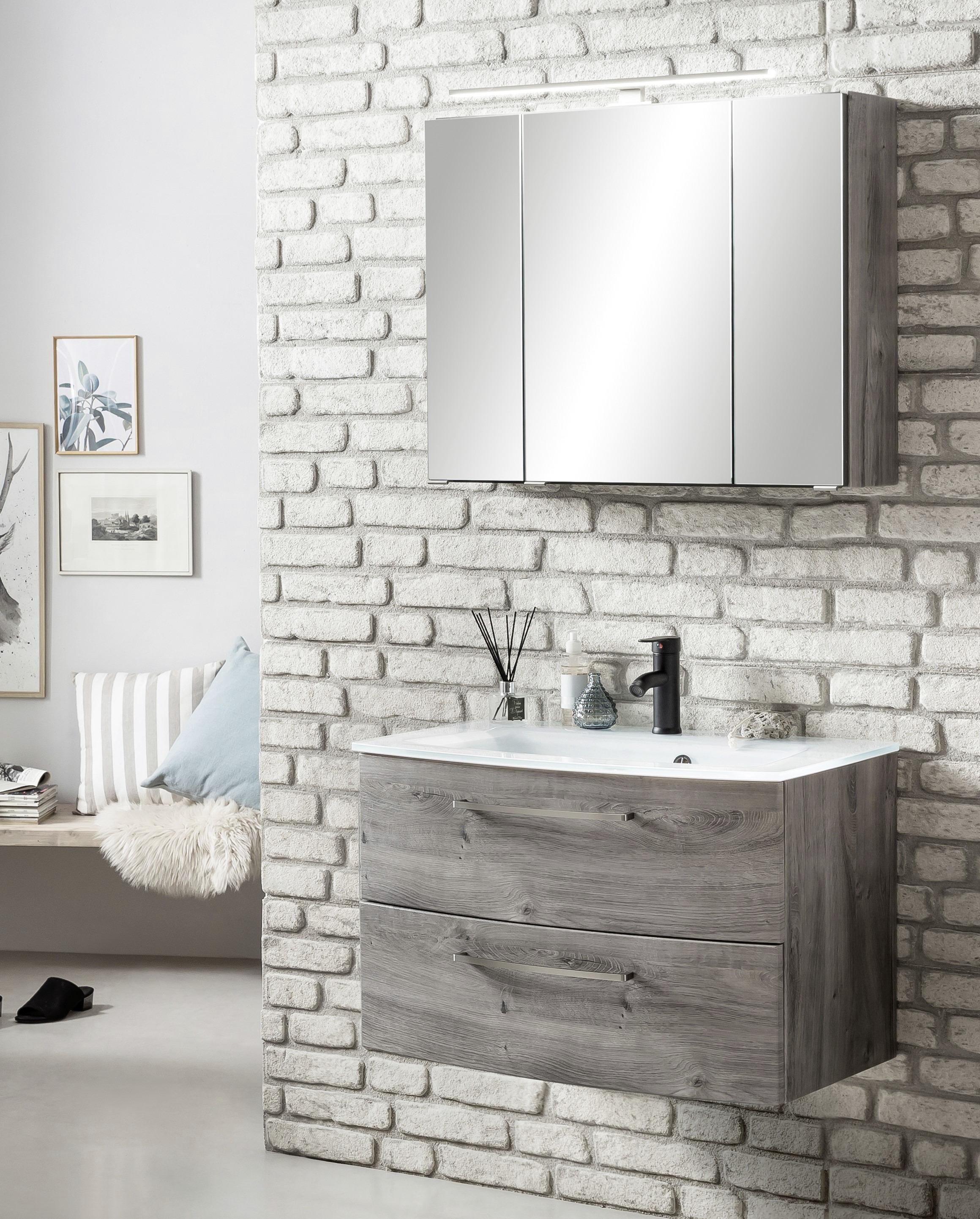 Badmöbel-Set 3-Tlg. inkl. LED Stockholm 80cm Eiche Dekor - Eichefarben/Weiß, KONVENTIONELL, Glas/Holzwerkstoff (80cm) - Held