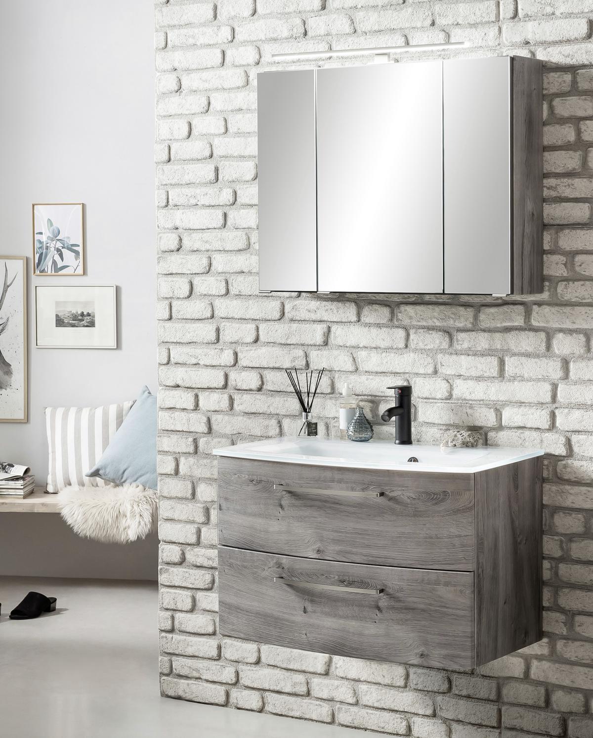 Badmöbel-set 3-tlg. Inkl. Led Stockholm 80cm Eiche Dekor - Eichefarben/Weiß, KONVENTIONELL, Glas/Holzwerkstoff (80cm) - Held