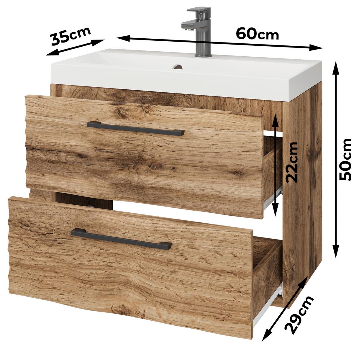 Waschbeckenunterschrank B: 60 cm, Eiche Wotan - Eiche Wotan/Weiß, Basics, Keramik/Holzwerkstoff (60/50/35cm) - P & B
