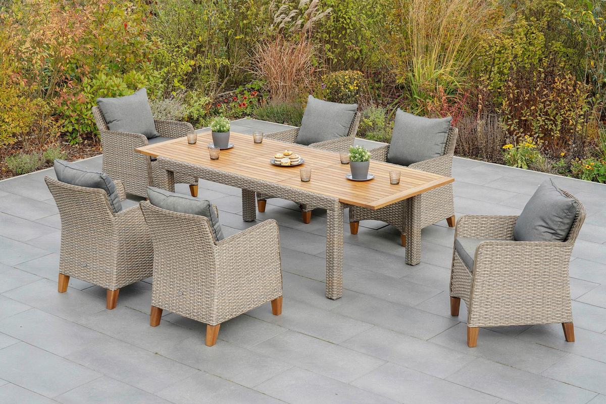 Gartentischgruppe Avellino 7--Teilig. Aus Akazie - Beige/Beigebraun, KONVENTIONELL, Holz/Kunststoff - Gardenson