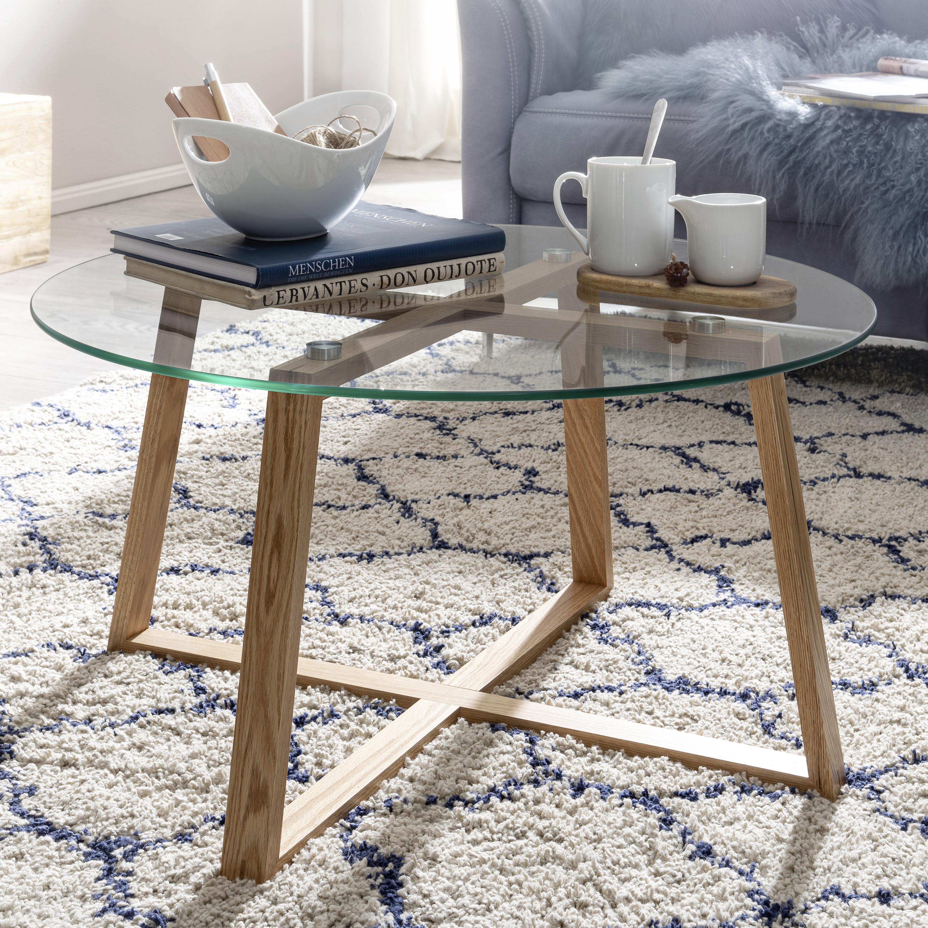 Konferenčný stolík sklo/masív š: 78cm - hnedá/farba duba, Modern, drevo/sklo (78/78/41cm) - MID.YOU